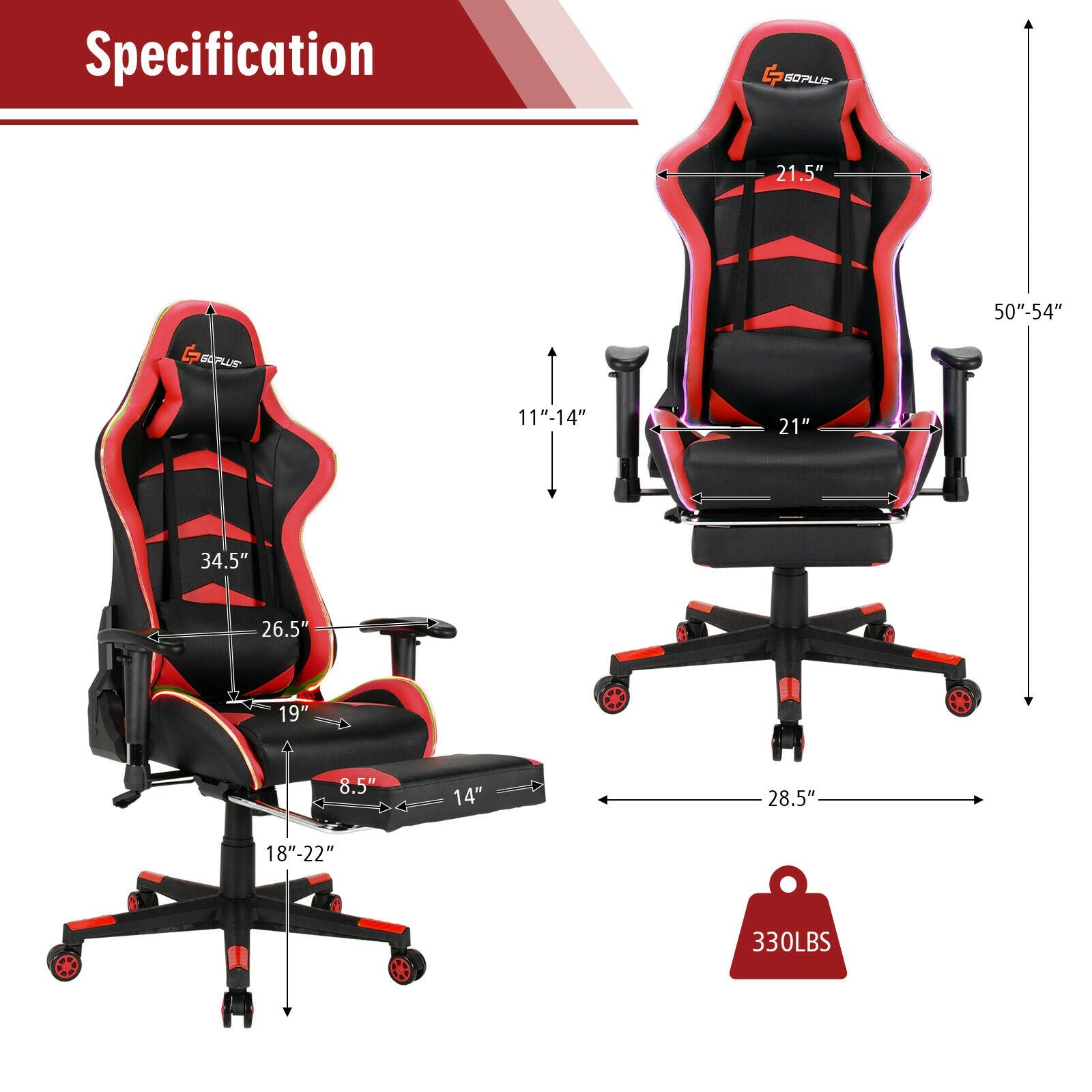 Massage LED Gaming Chair with Lumbar Support and Footrest-RedÂ