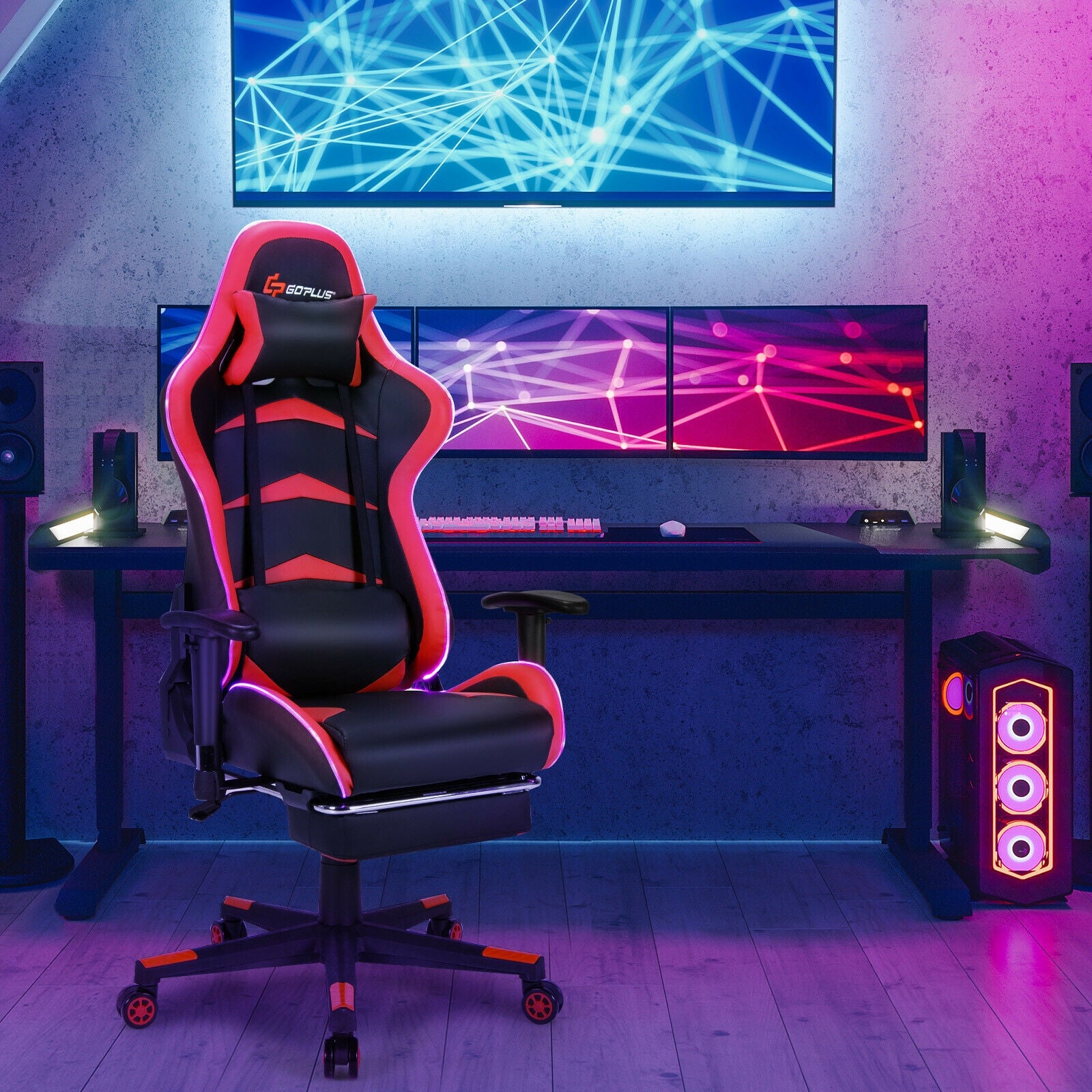 Massage LED Gaming Chair with Lumbar Support and Footrest-RedÂ