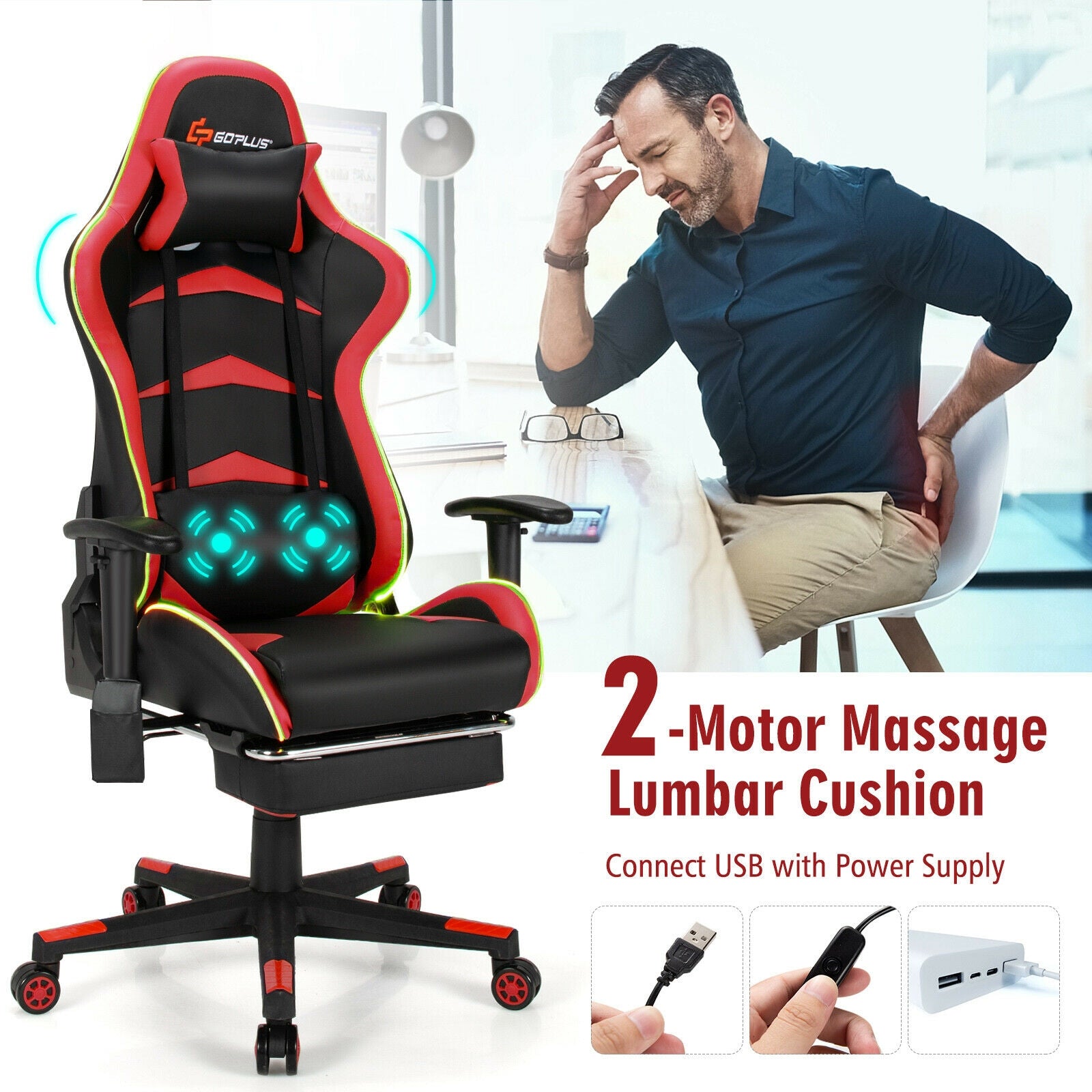 Massage LED Gaming Chair with Lumbar Support and Footrest-RedÂ