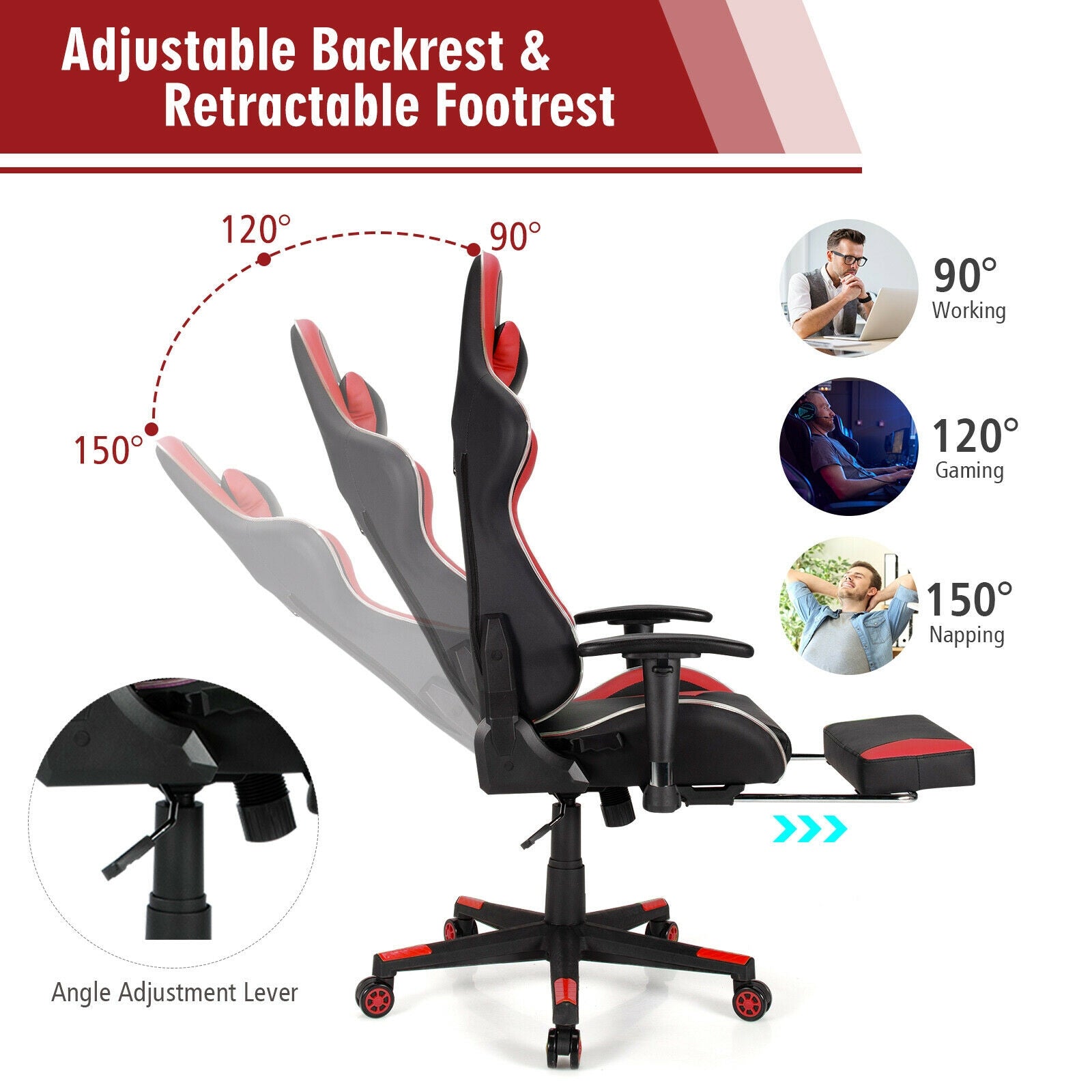 Massage LED Gaming Chair with Lumbar Support and Footrest-RedÂ