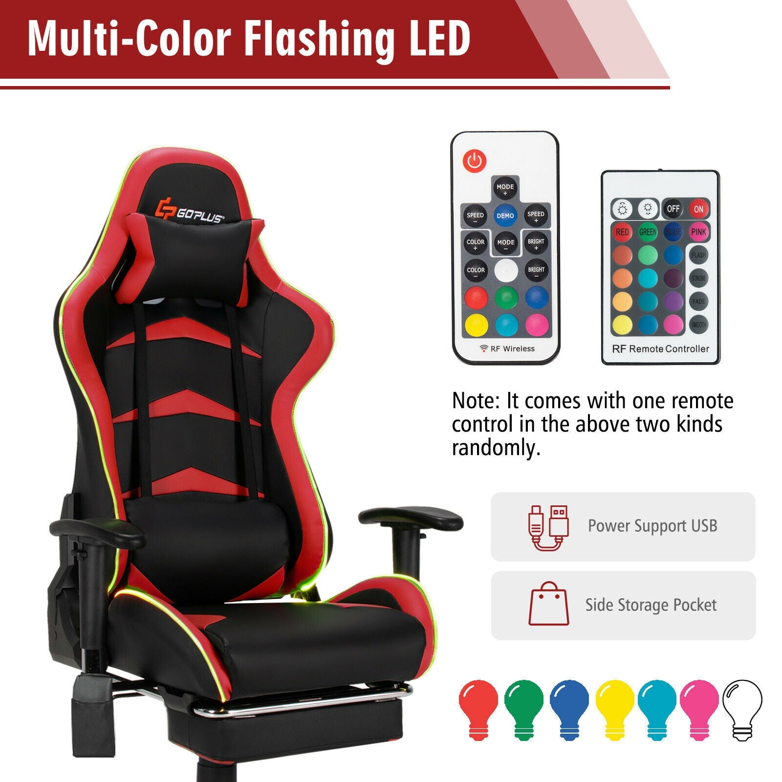 Massage LED Gaming Chair with Lumbar Support and Footrest-RedÂ