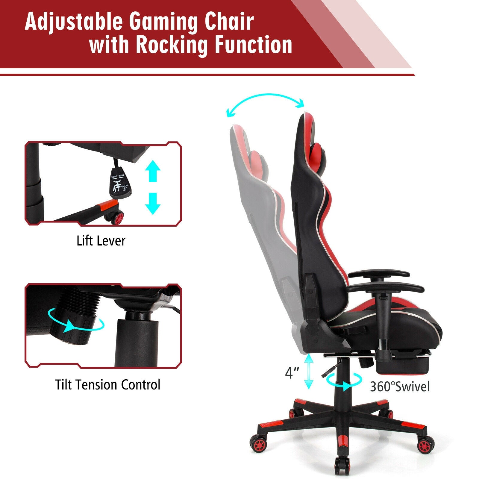 Massage LED Gaming Chair with Lumbar Support and Footrest-RedÂ