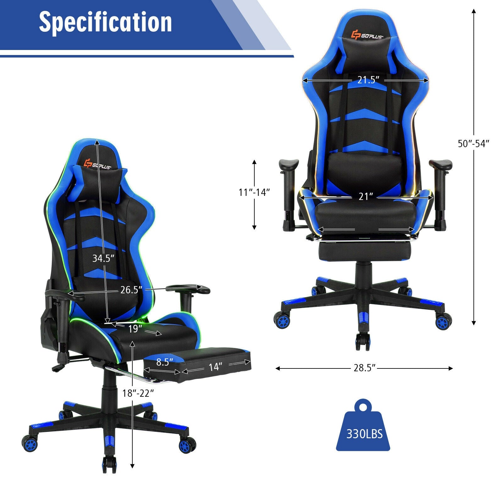 Massage LED Gaming Chair with Lumbar Support and Footrest-BlueÂ