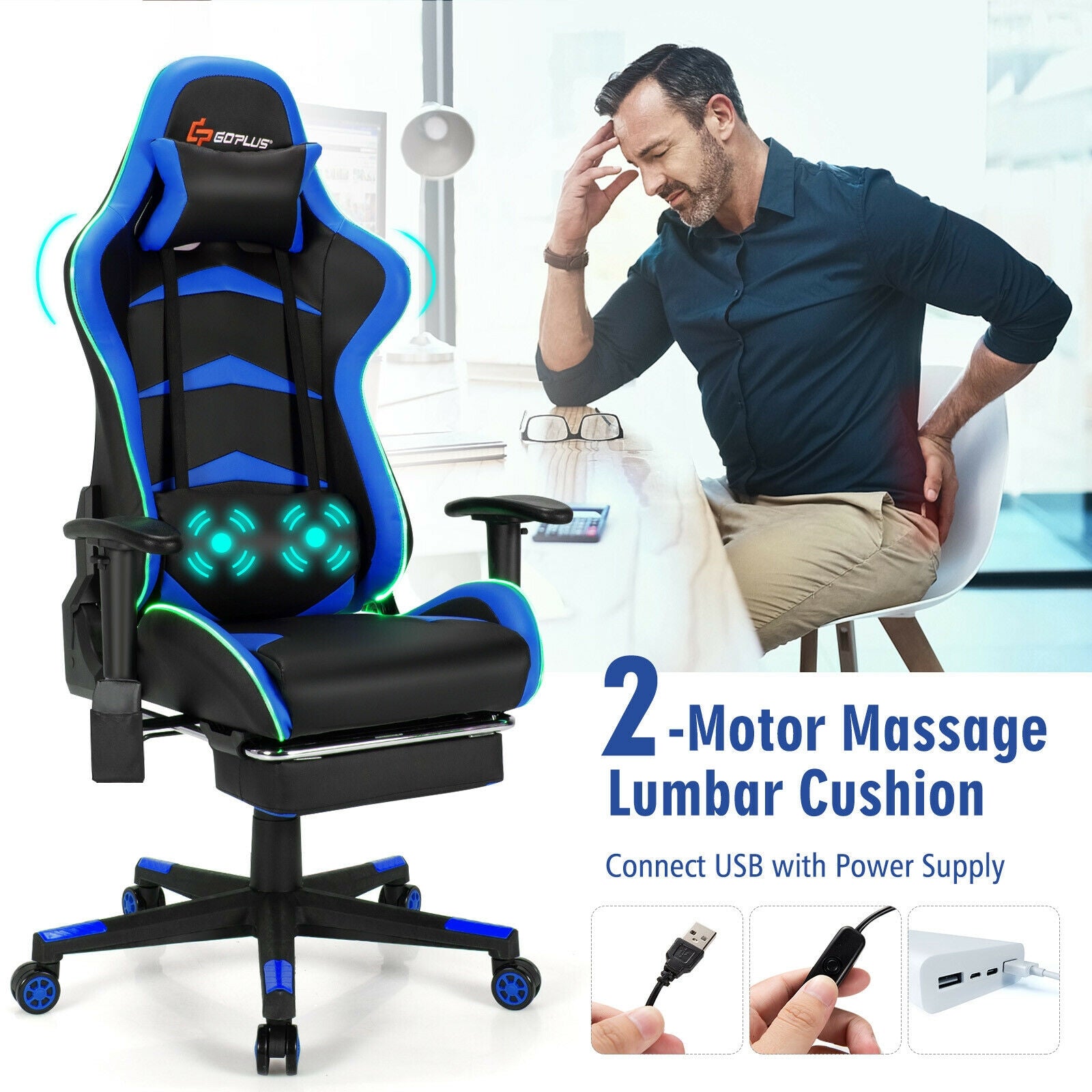 Massage LED Gaming Chair with Lumbar Support and Footrest-BlueÂ