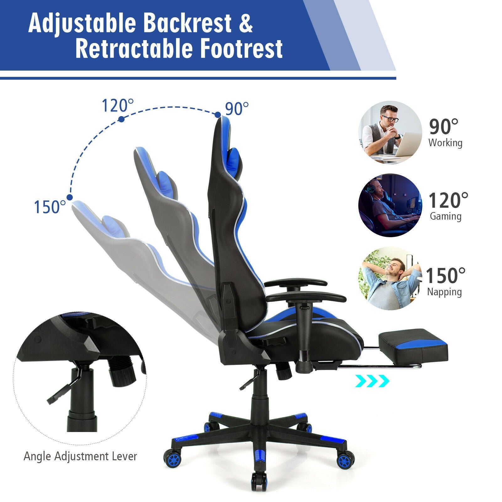 Massage LED Gaming Chair with Lumbar Support and Footrest-BlueÂ