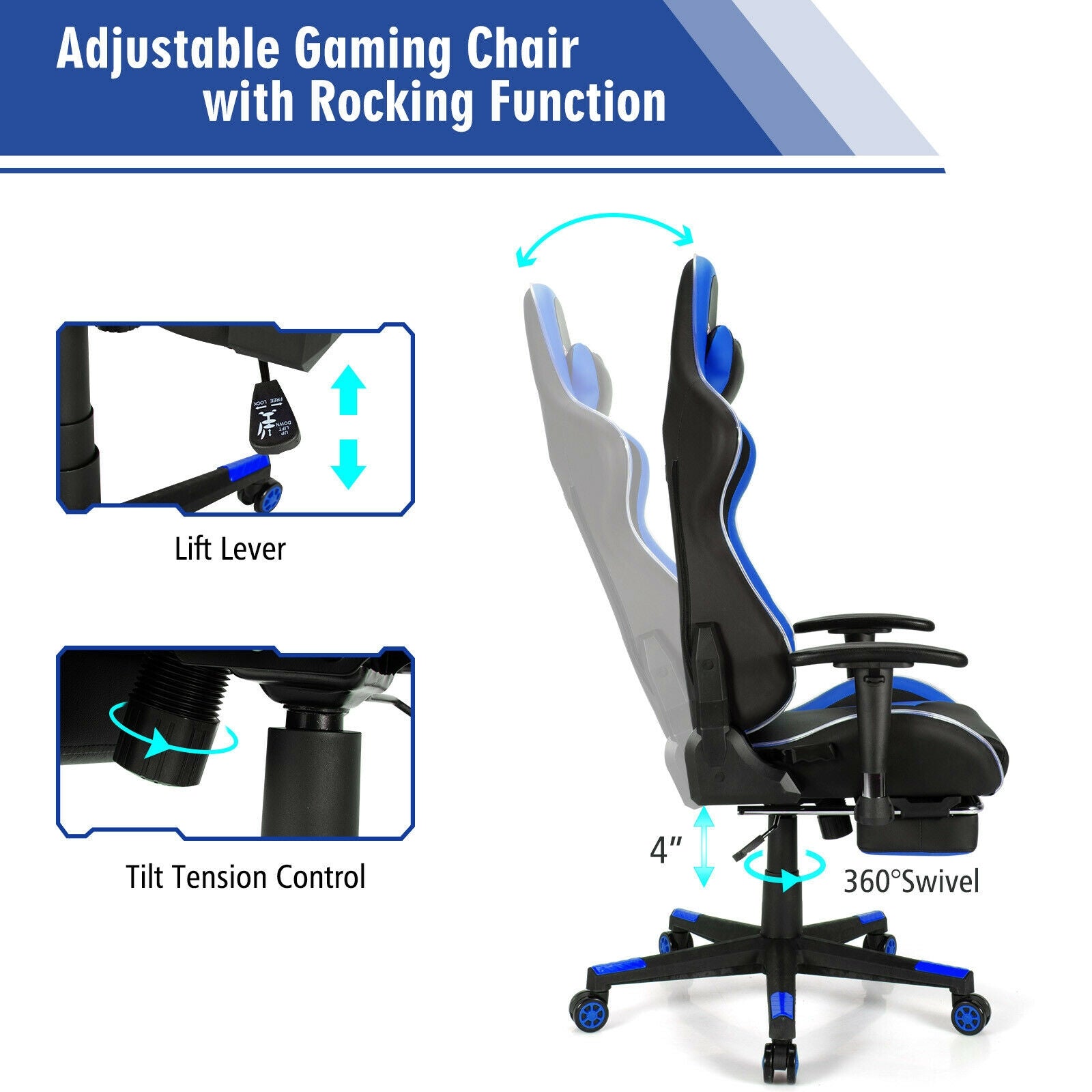 Massage LED Gaming Chair with Lumbar Support and Footrest-BlueÂ
