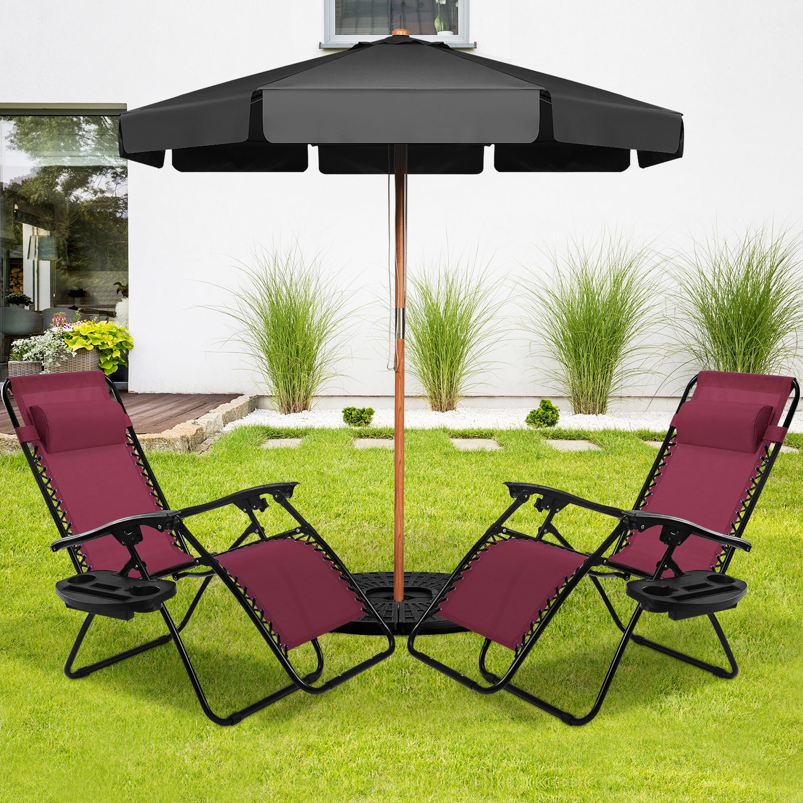 2 Pieces Folding Lounge Chair with Zero Gravity-WineÂ