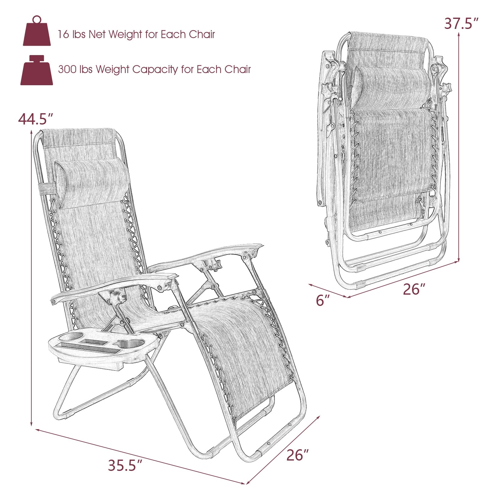 2 Pieces Folding Lounge Chair with Zero Gravity-WineÂ