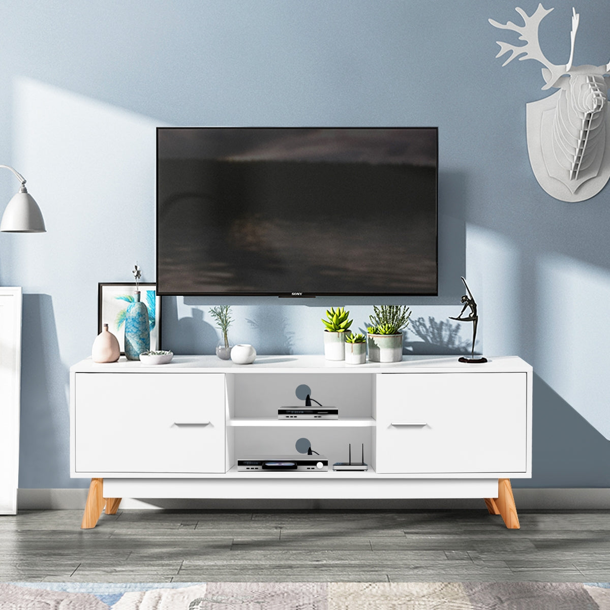 Wooden TV Stand with 2 Storage Cabinets  and 2 Open Shelves for 60 Inch TVÂ