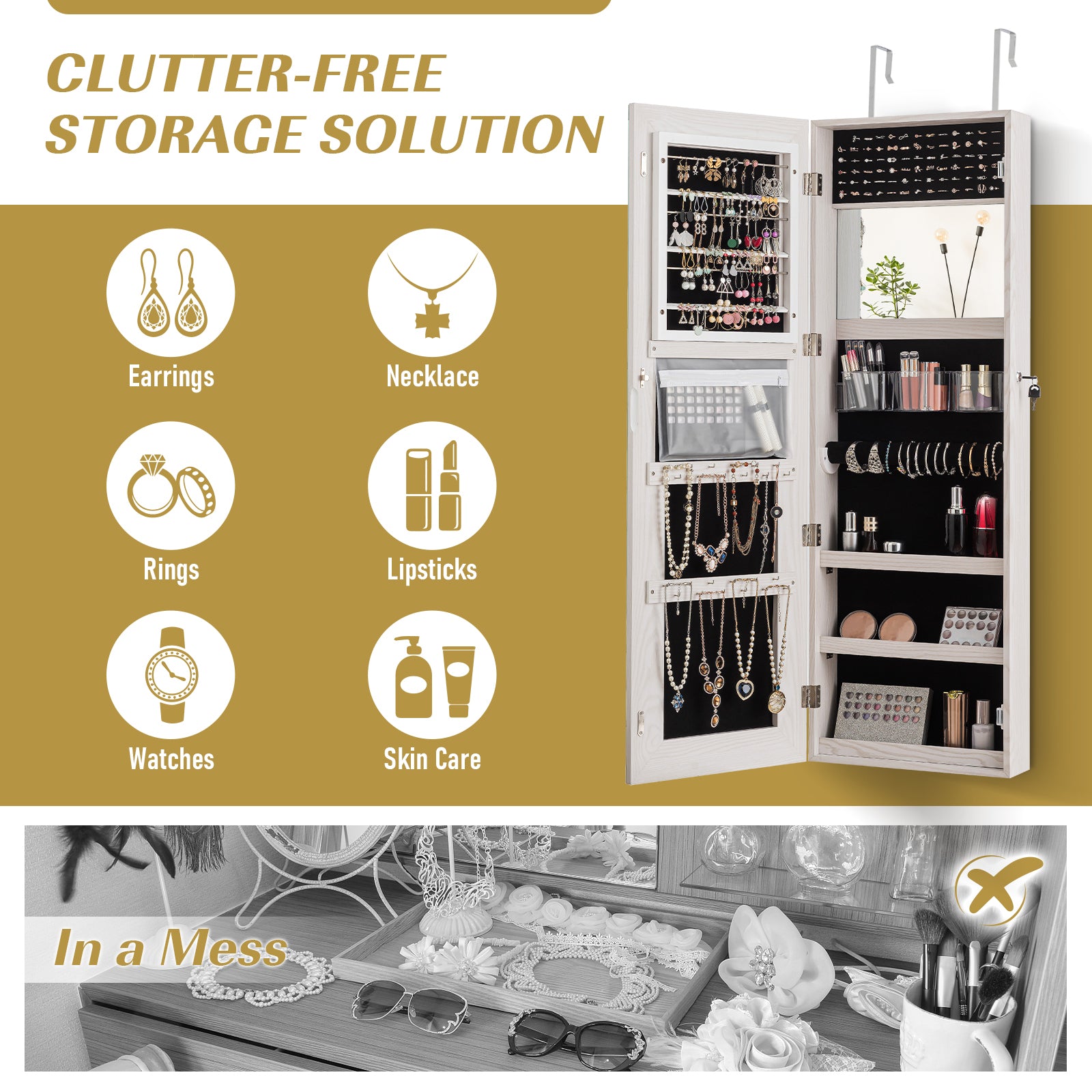 Lockable Storage Jewelry Cabinet  with Frameless Mirror-WhiteÂ