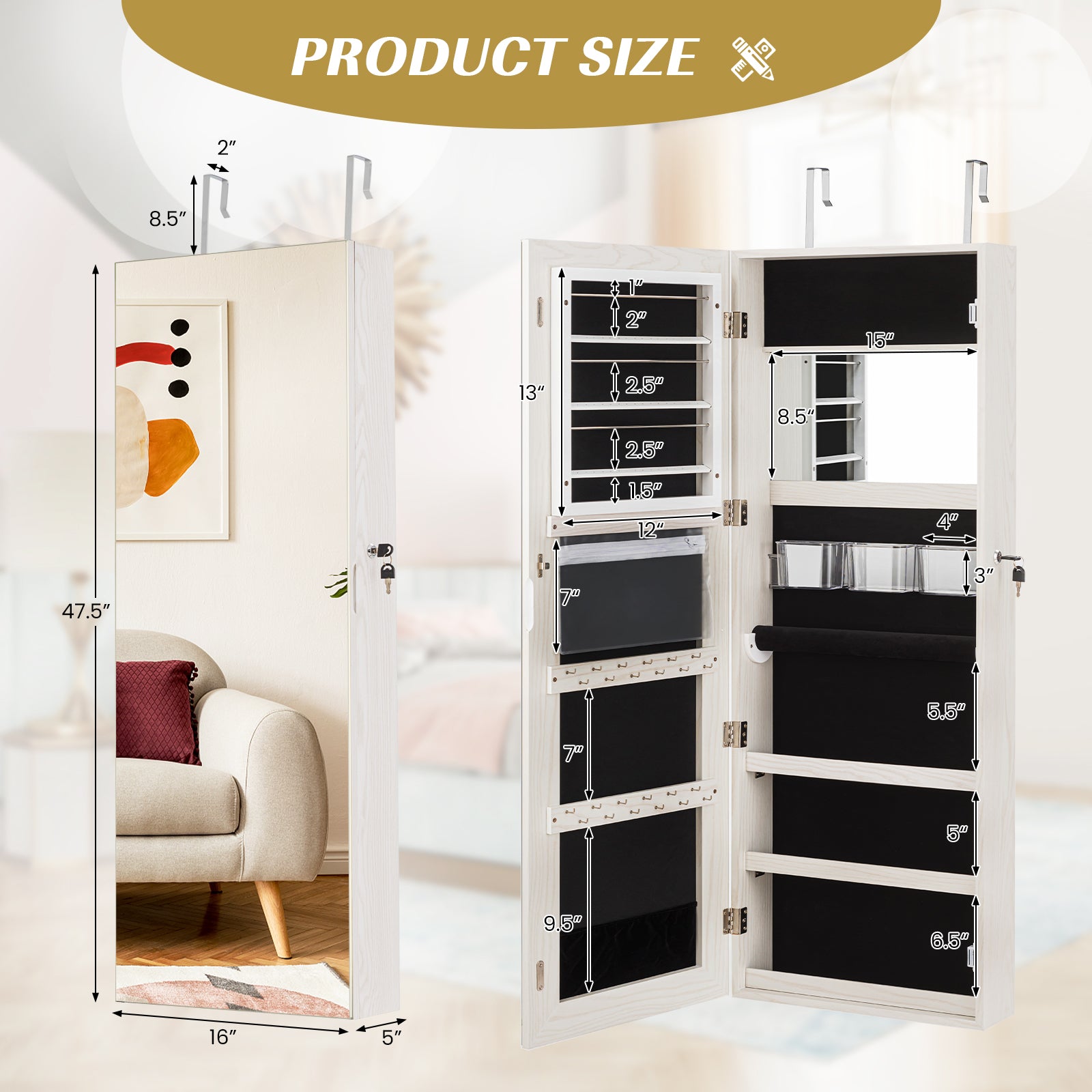 Lockable Storage Jewelry Cabinet  with Frameless Mirror-WhiteÂ