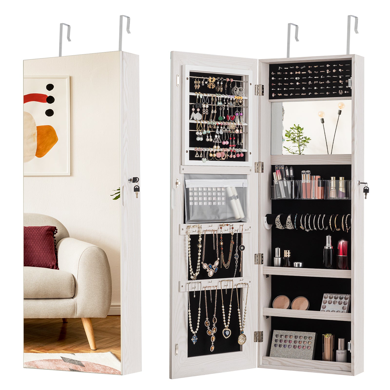 Lockable Storage Jewelry Cabinet  with Frameless Mirror-WhiteÂ