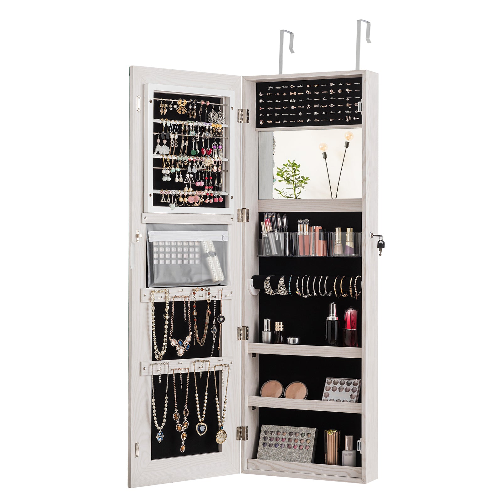 Lockable Storage Jewelry Cabinet  with Frameless Mirror-WhiteÂ