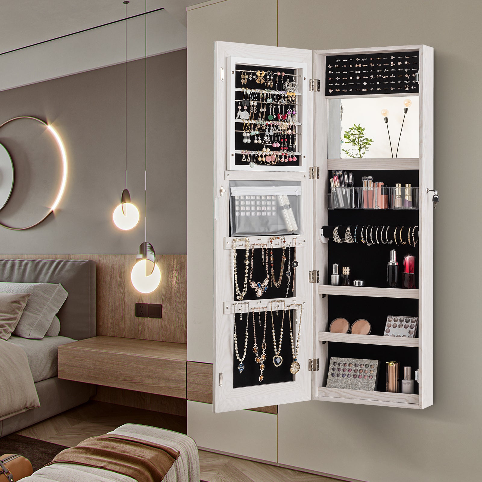 Lockable Storage Jewelry Cabinet  with Frameless Mirror-WhiteÂ