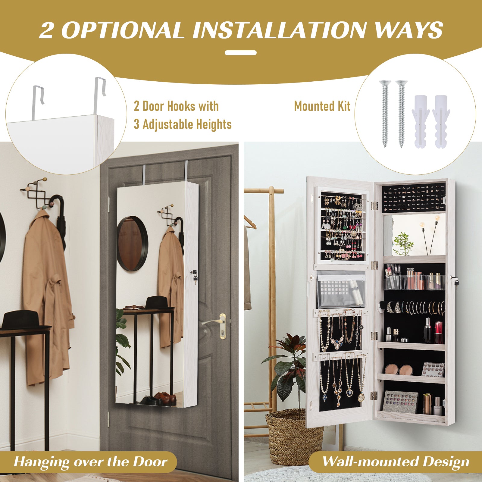 Lockable Storage Jewelry Cabinet  with Frameless Mirror-WhiteÂ