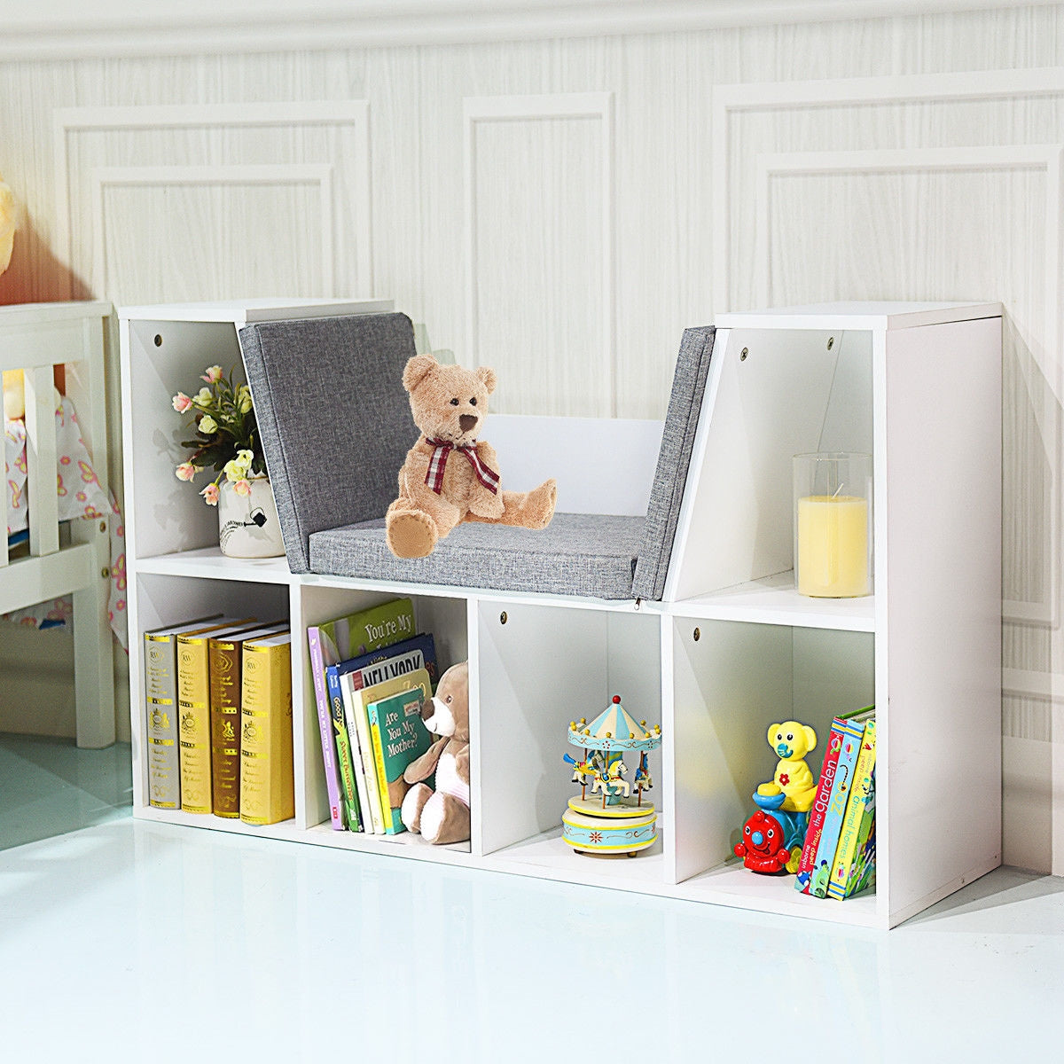 6-Cubby Kid Storage Bookcase Cushioned Reading Nook-WhiteÂ