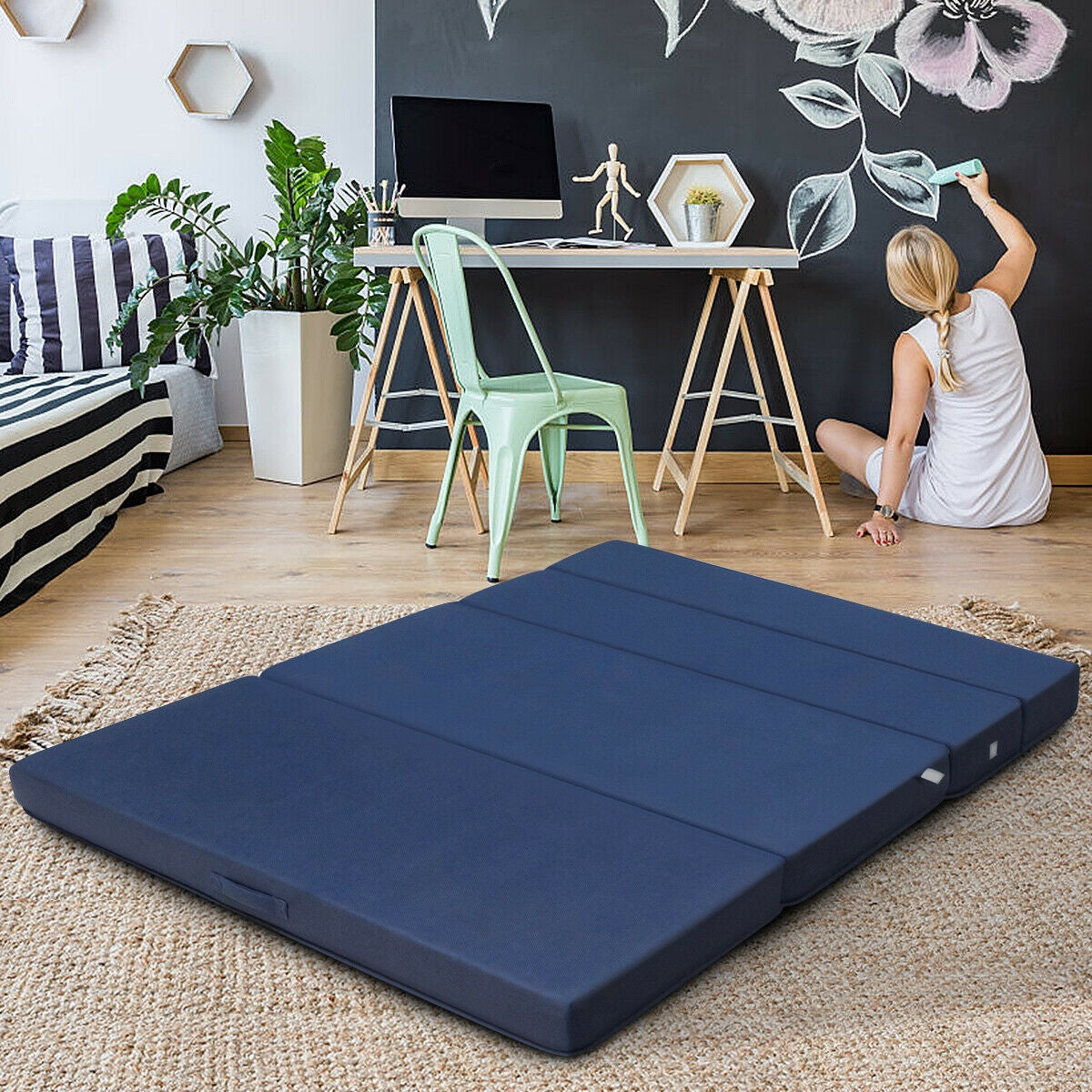 4" Quart Folding Futon Sleepover Sofa Bed Foam Mattress-Queen sizeÂ