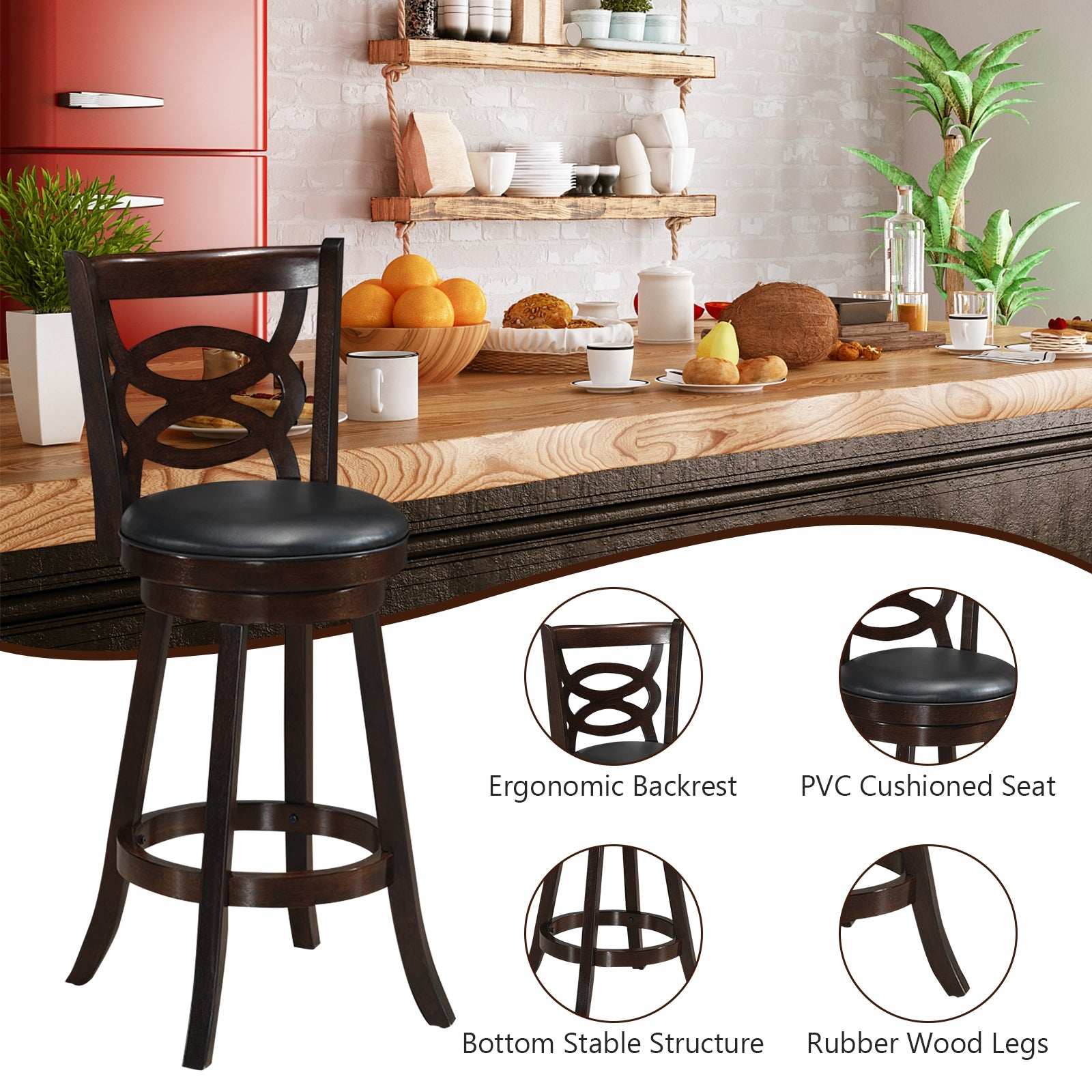 Counter Height Upholstered Espresso Swivel Dining Chair with Cushion Seat-29 InchÂ