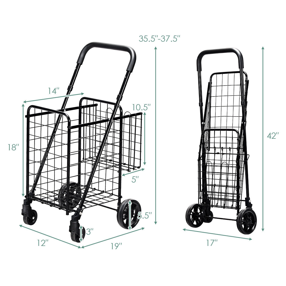Folding Shopping Cart Basket Rolling Trolley with Adjustable Handle-BlackÂ