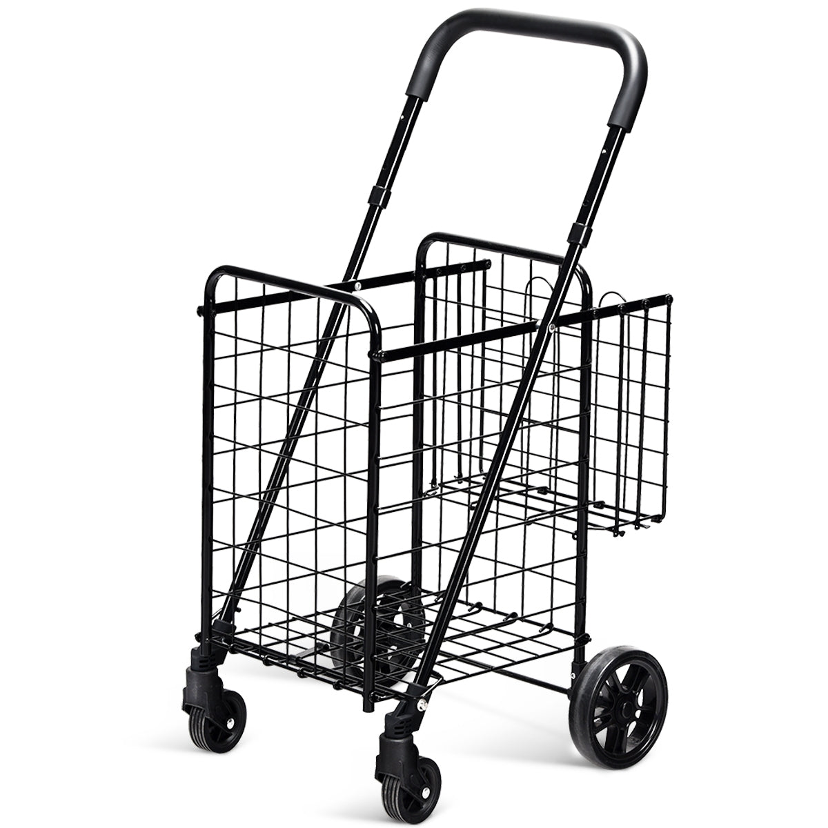 Folding Shopping Cart Basket Rolling Trolley with Adjustable Handle-BlackÂ
