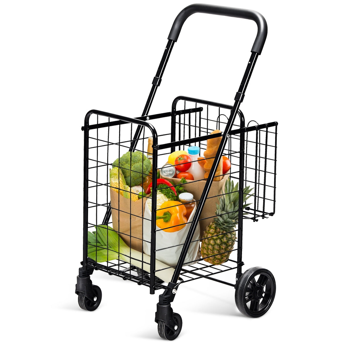 Folding Shopping Cart Basket Rolling Trolley with Adjustable Handle-BlackÂ