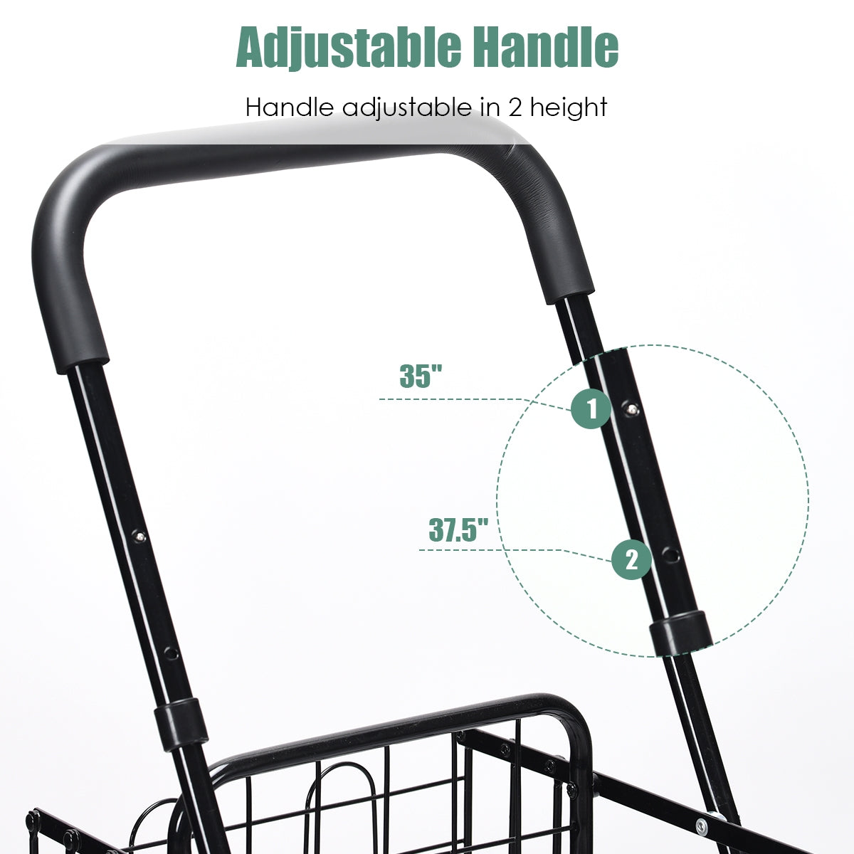Folding Shopping Cart Basket Rolling Trolley with Adjustable Handle-BlackÂ
