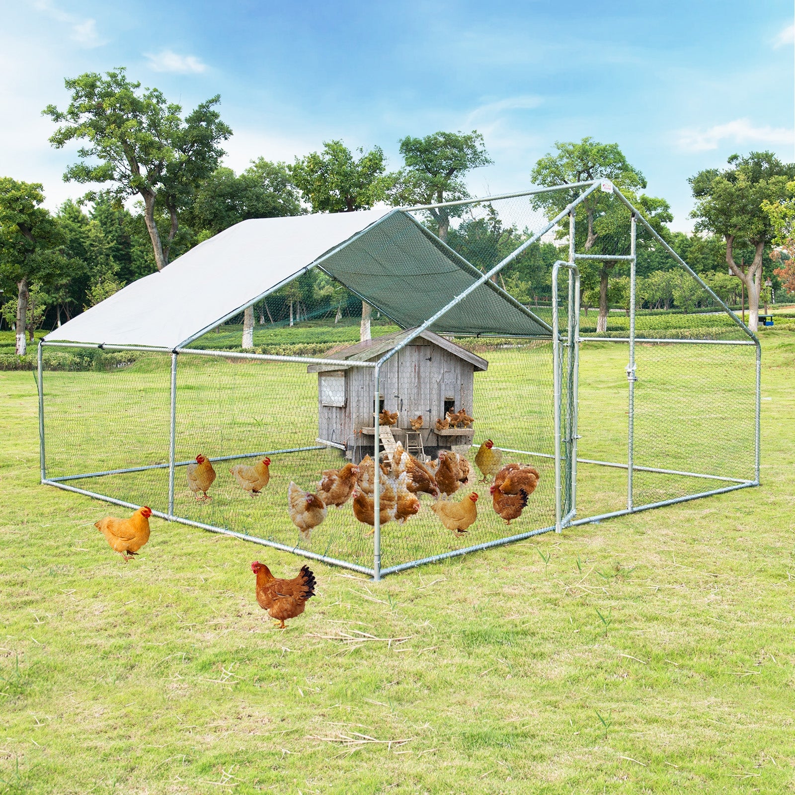 13 x 13 Feet Walk-in Chicken Coop with Waterproof Cover for Outdoor Backyard FarmÂ