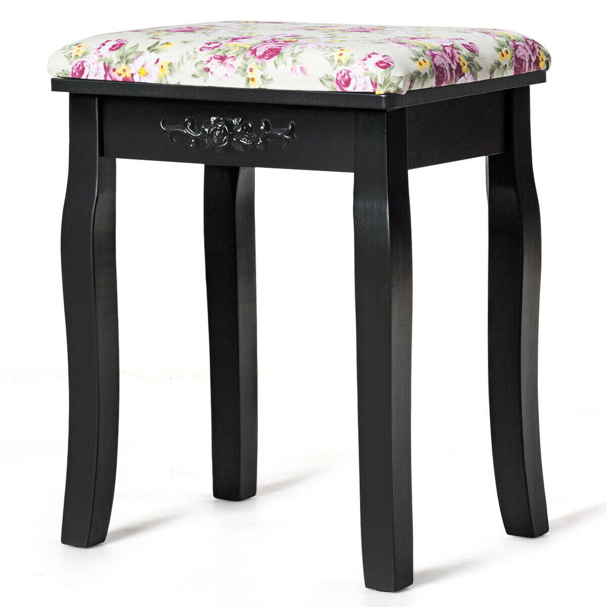 Vanity Wood Dressing Stool Padded Piano Seat with Rose Cushion-BlackÂ