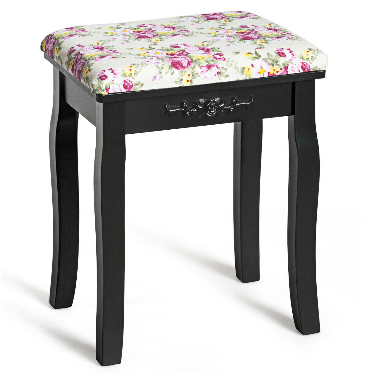 Vanity Wood Dressing Stool Padded Piano Seat with Rose Cushion-BlackÂ