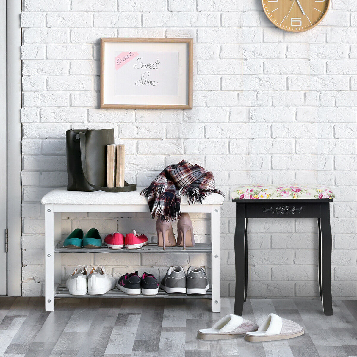 Vanity Wood Dressing Stool Padded Piano Seat with Rose Cushion-BlackÂ