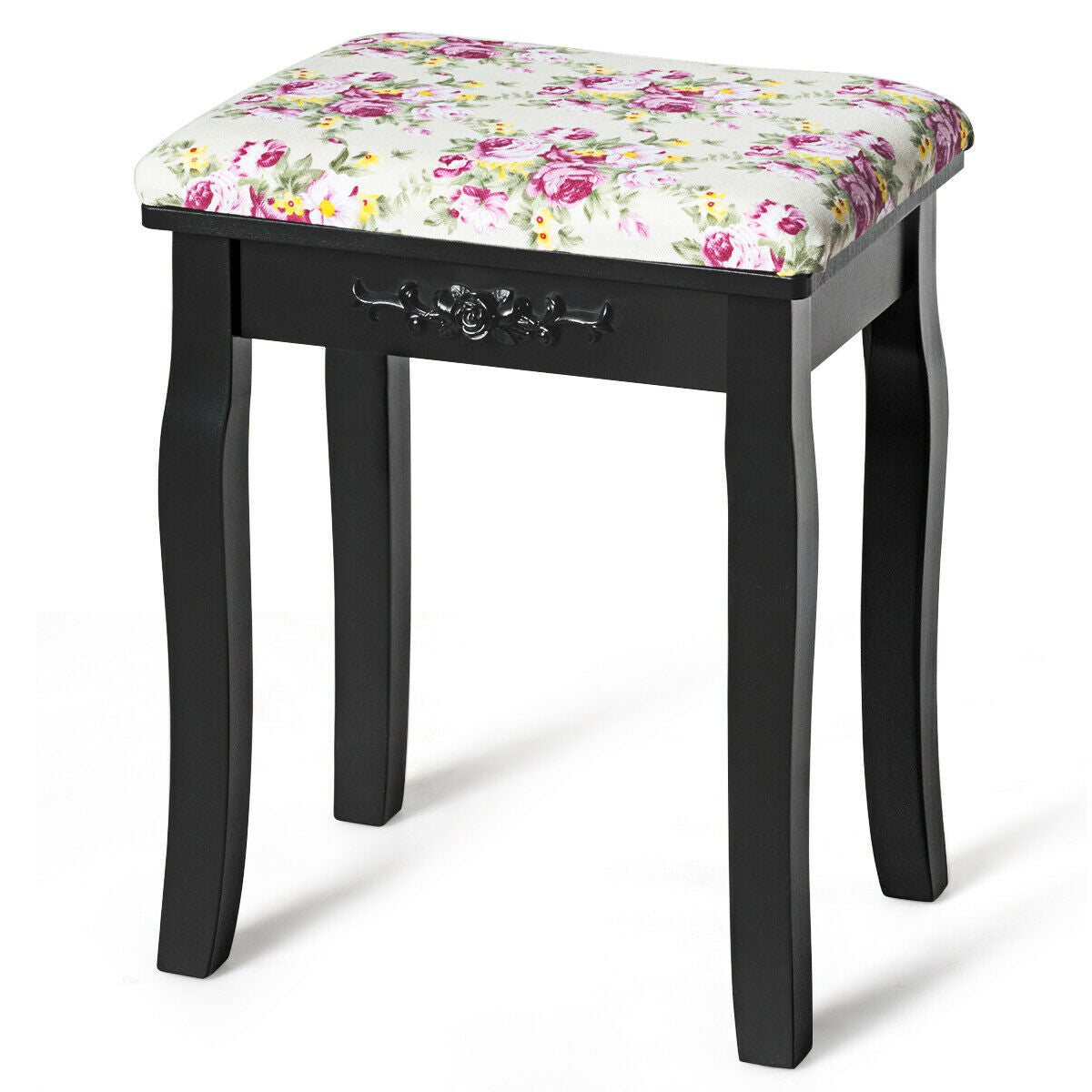 Vanity Wood Dressing Stool Padded Piano Seat with Rose Cushion-BlackÂ