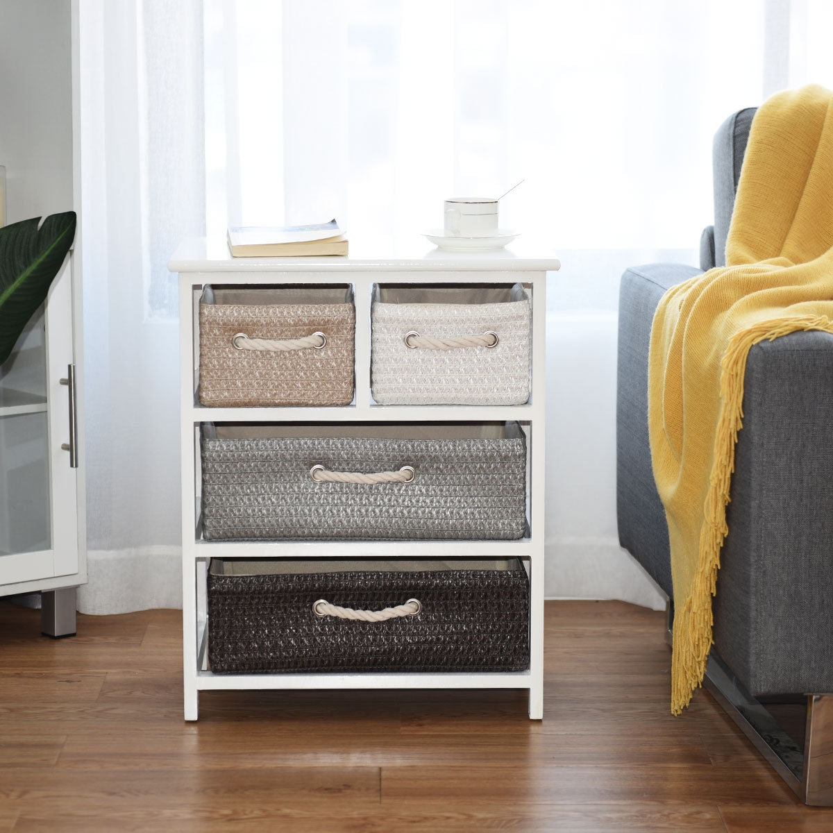Storage Drawer Nightstand Woven Basket Cabinet Bedside TableÂ