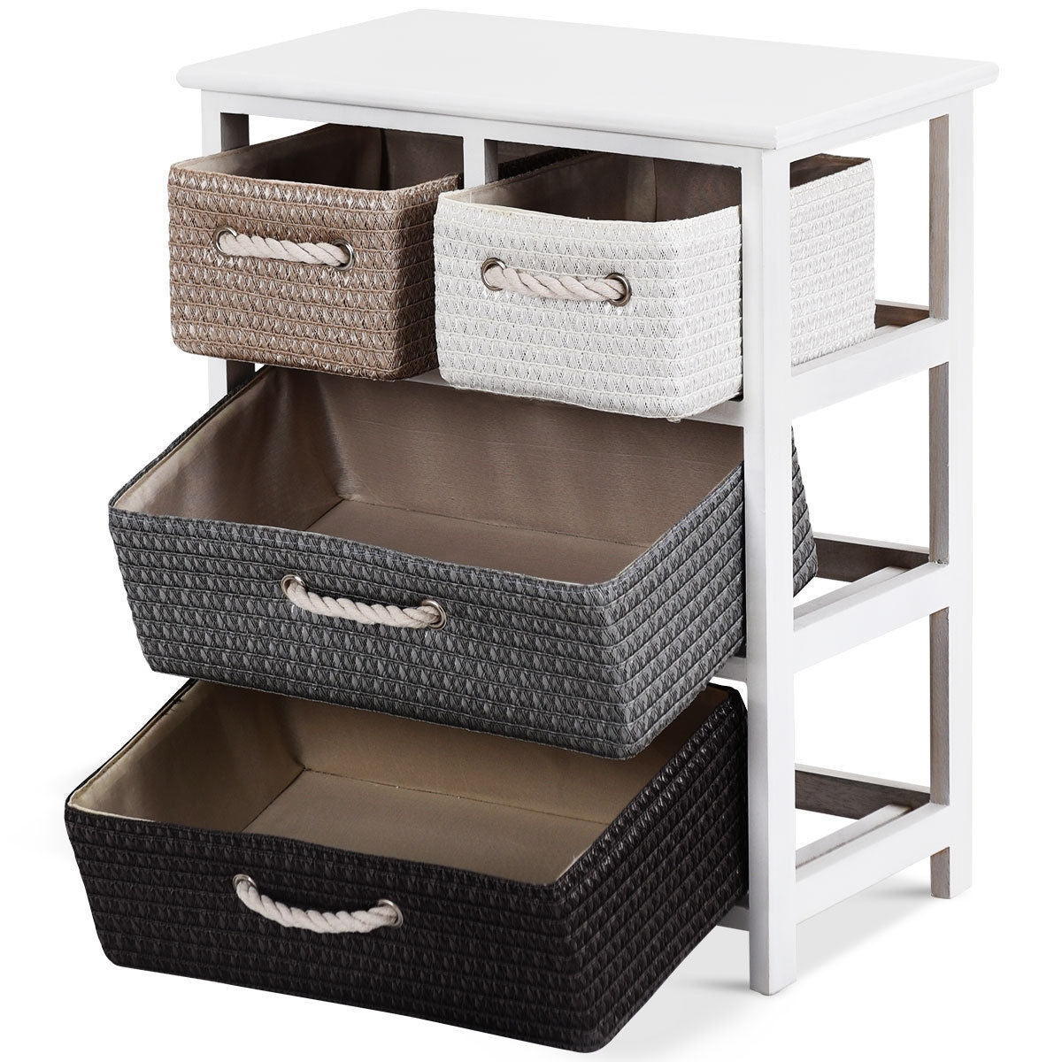 Storage Drawer Nightstand Woven Basket Cabinet Bedside TableÂ