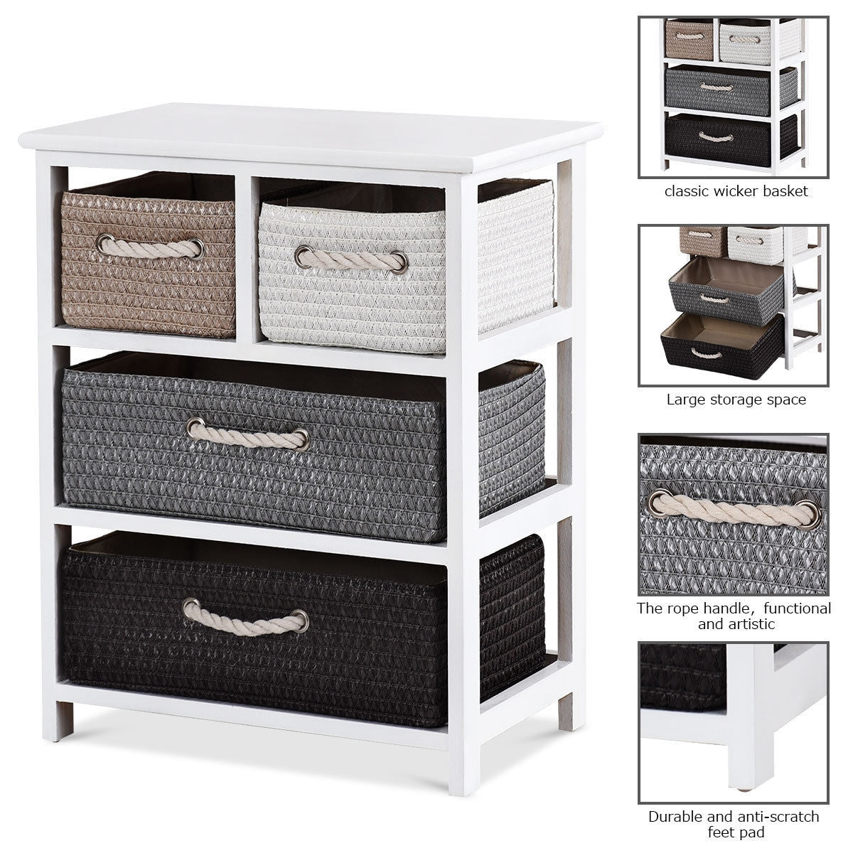 Storage Drawer Nightstand Woven Basket Cabinet Bedside TableÂ
