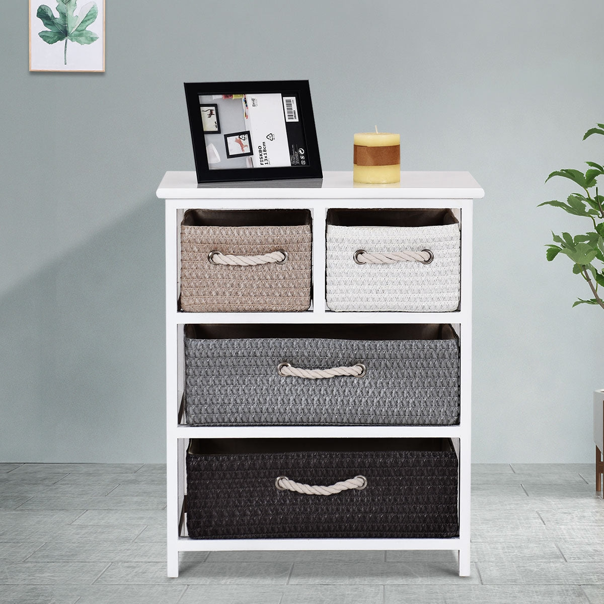 Storage Drawer Nightstand Woven Basket Cabinet Bedside TableÂ