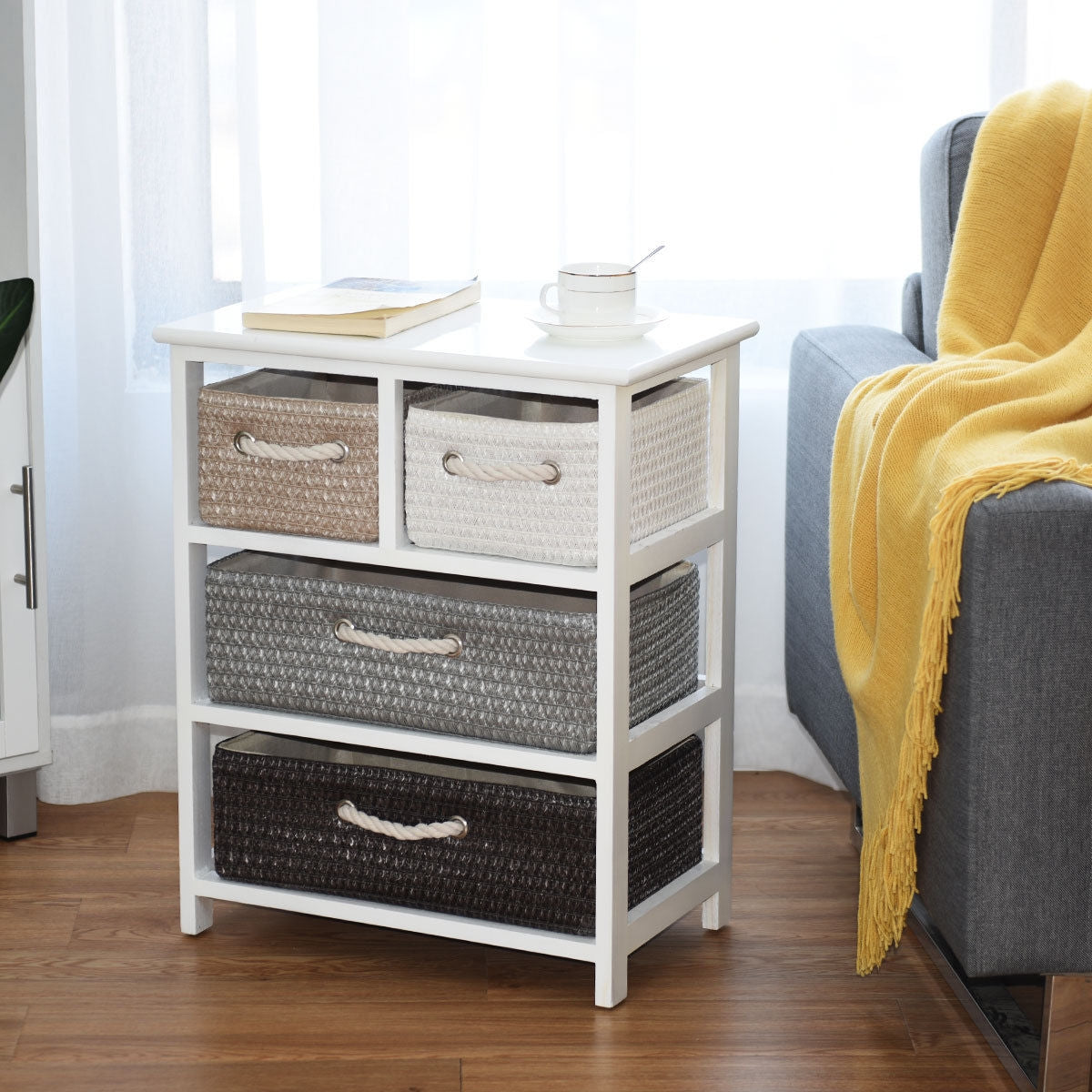 Storage Drawer Nightstand Woven Basket Cabinet Bedside TableÂ