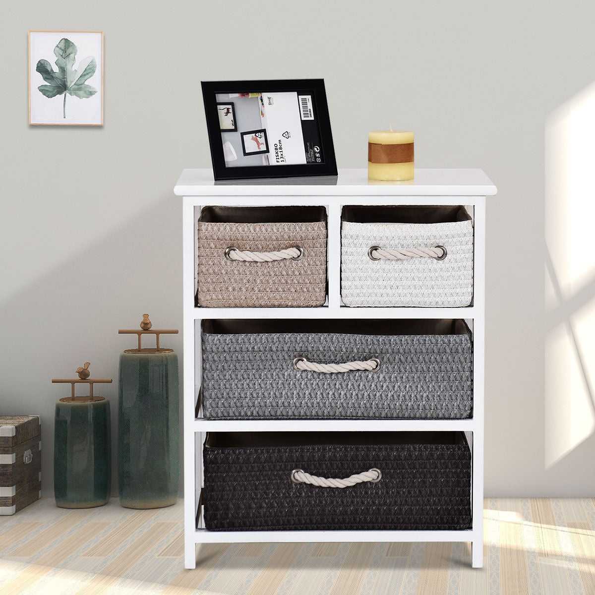 Storage Drawer Nightstand Woven Basket Cabinet Bedside TableÂ