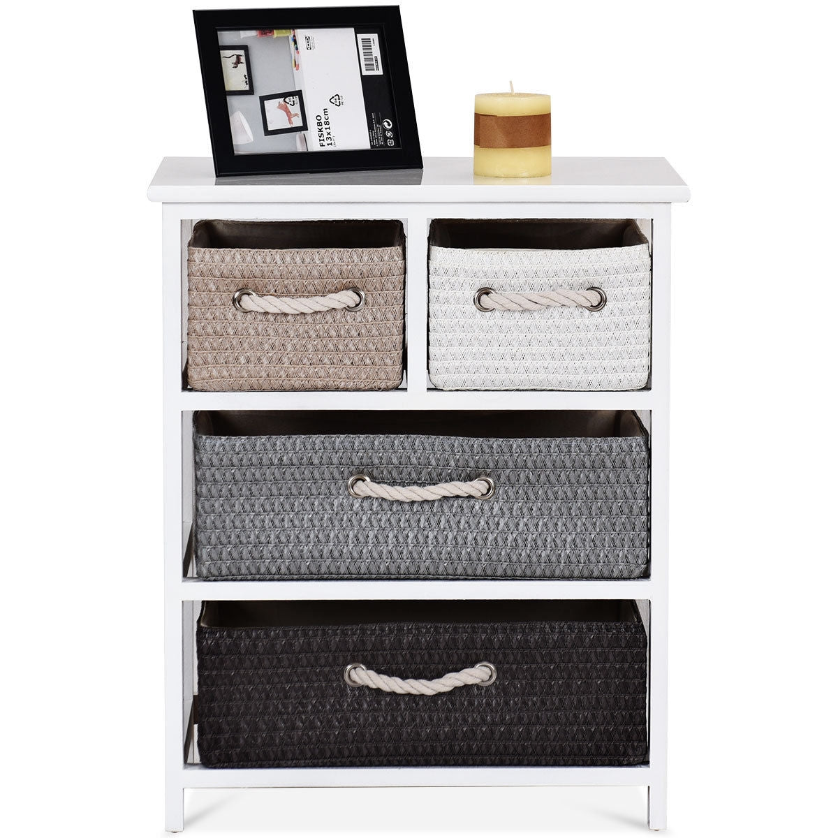 Storage Drawer Nightstand Woven Basket Cabinet Bedside TableÂ
