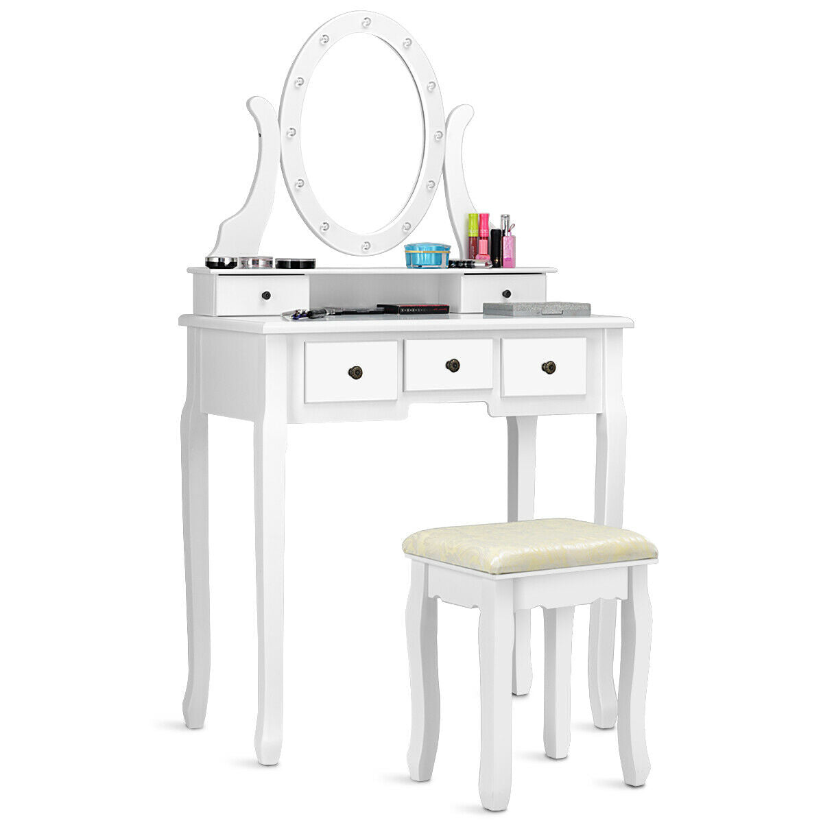 5 Drawers Vanity Dressing Table Stool Set with 12 LED BulbsÂ