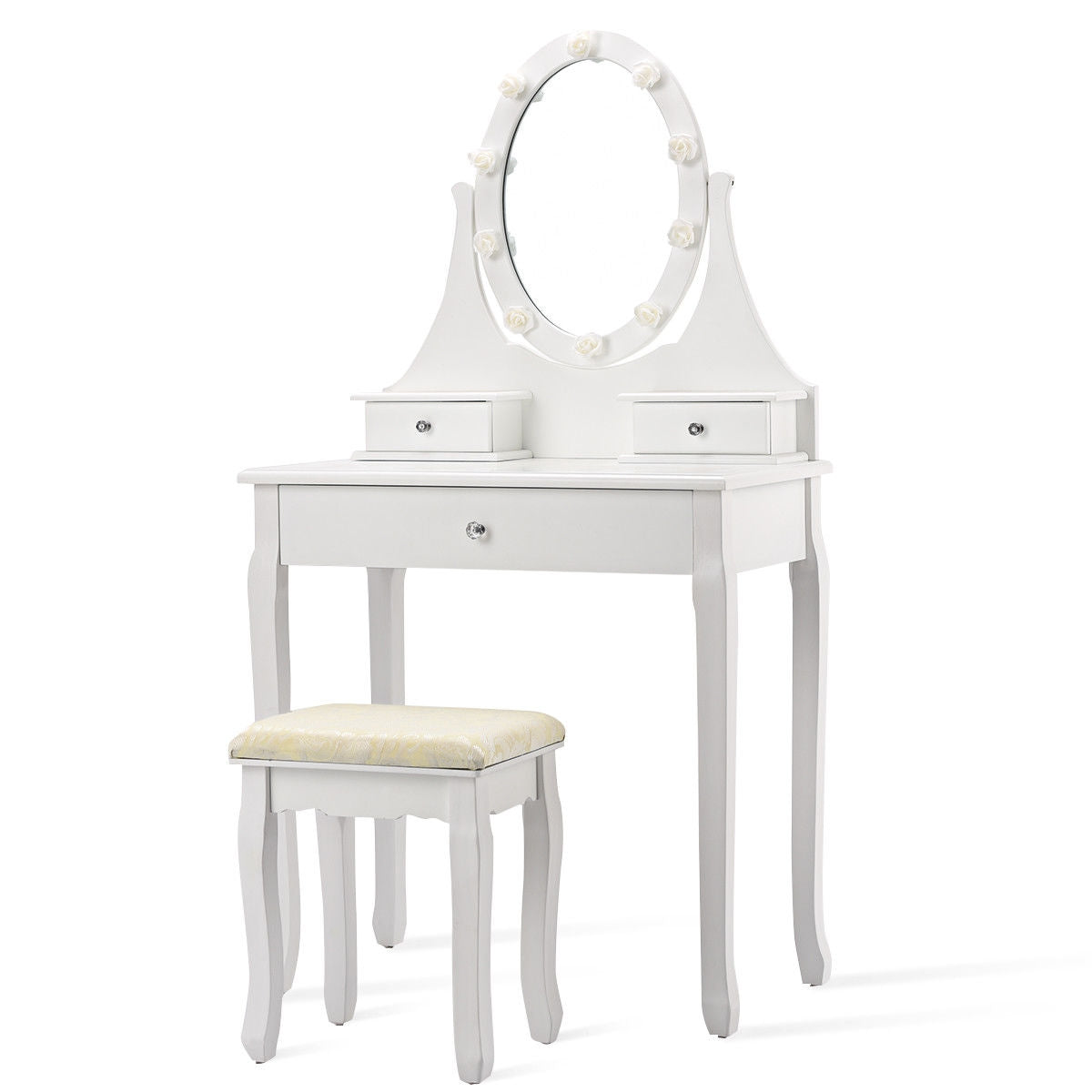 3 Drawers Lighted Mirror Vanity Makeup Dressing Table Stool SetÂ