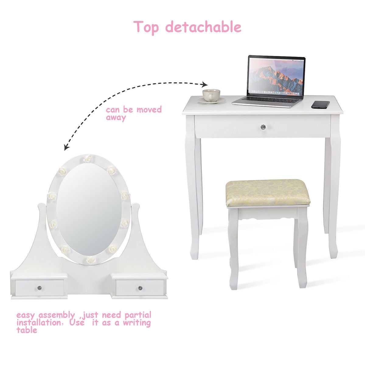 3 Drawers Lighted Mirror Vanity Makeup Dressing Table Stool SetÂ