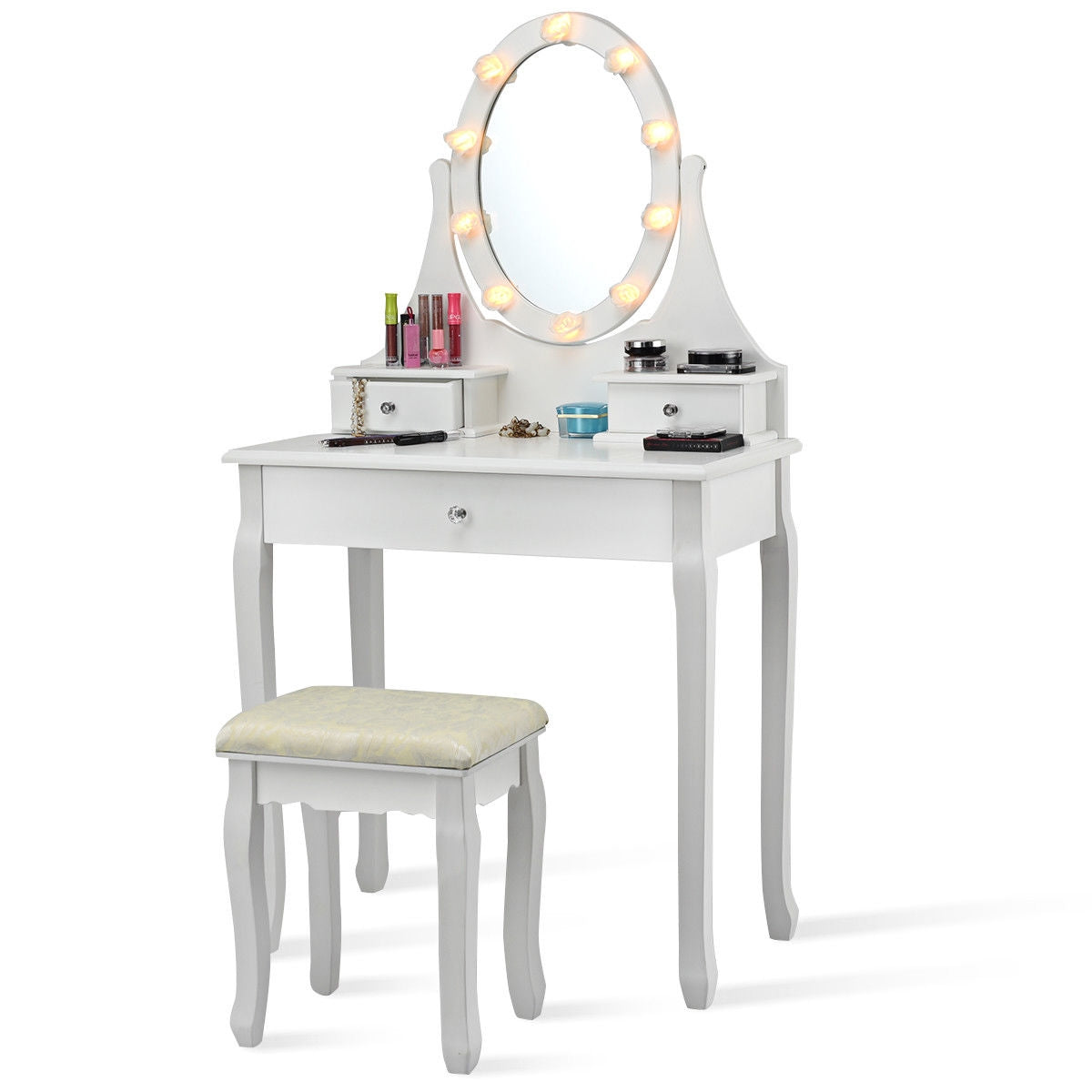 3 Drawers Lighted Mirror Vanity Makeup Dressing Table Stool SetÂ