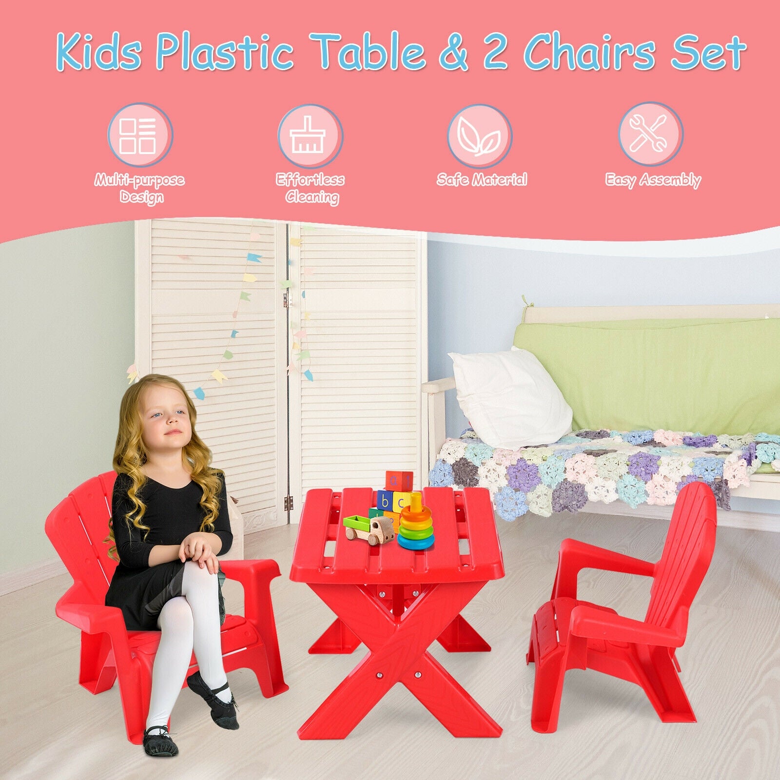 3-Piece Plastic Children Play Table Chair Set-RedÂ