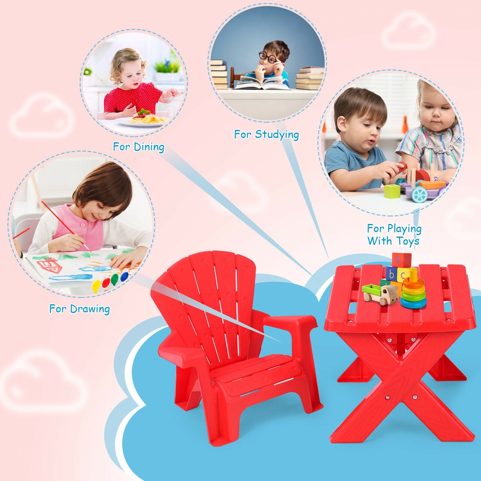 3-Piece Plastic Children Play Table Chair Set-RedÂ