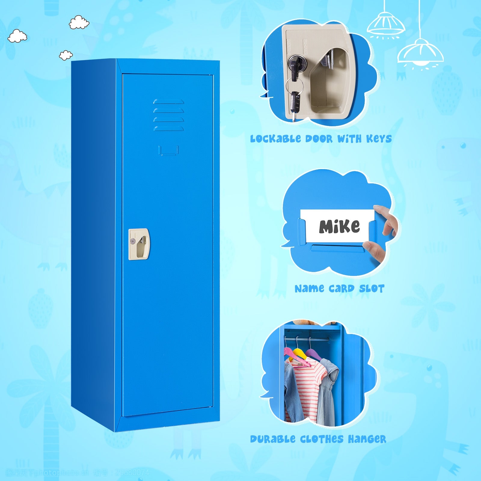 48 Inch Kid Safe Storage Children Single Tier Metal Locker-BlueÂ