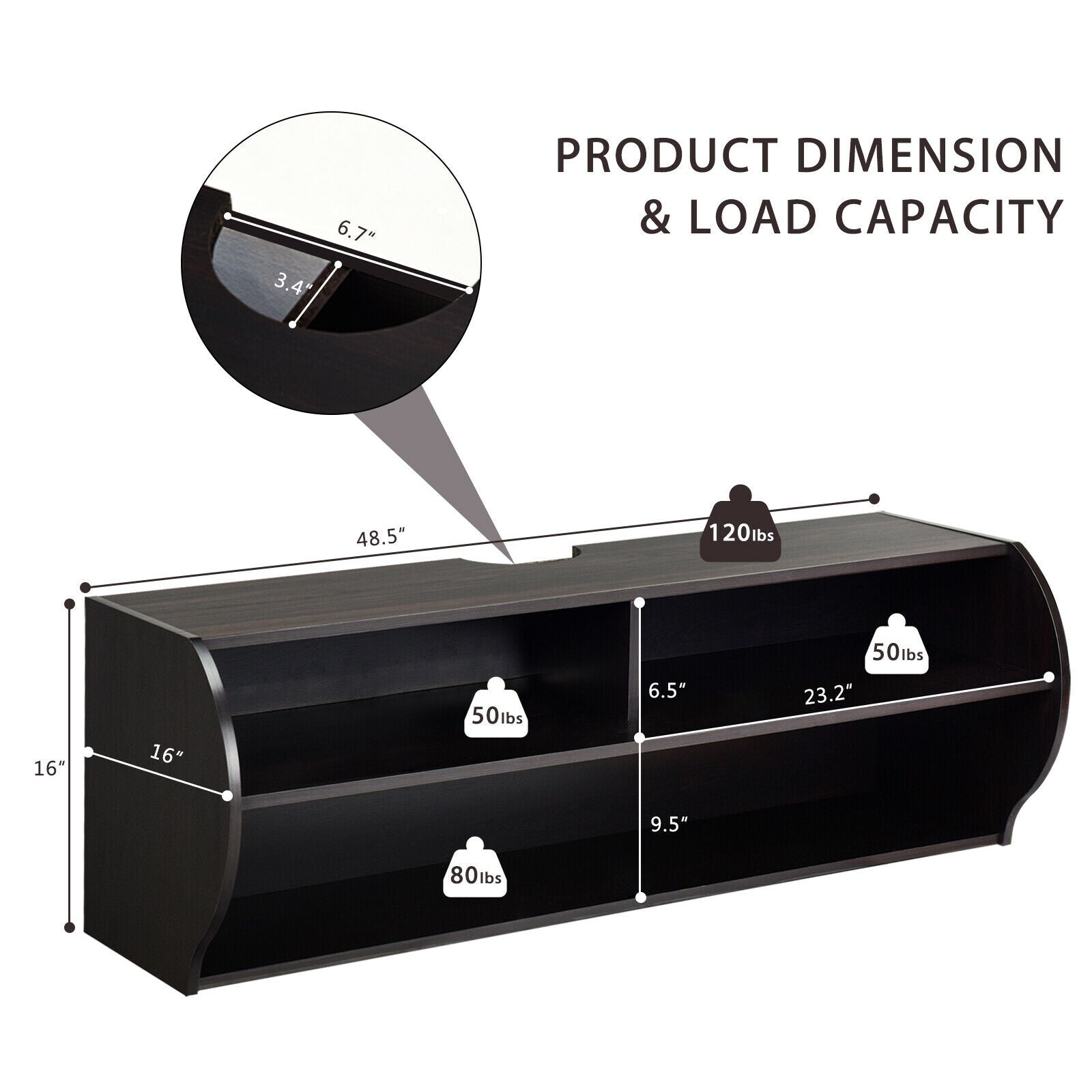 48.5 Inch 2 Tier Modern Wall Mounted Hanging Floating Shelf-BrownÂ