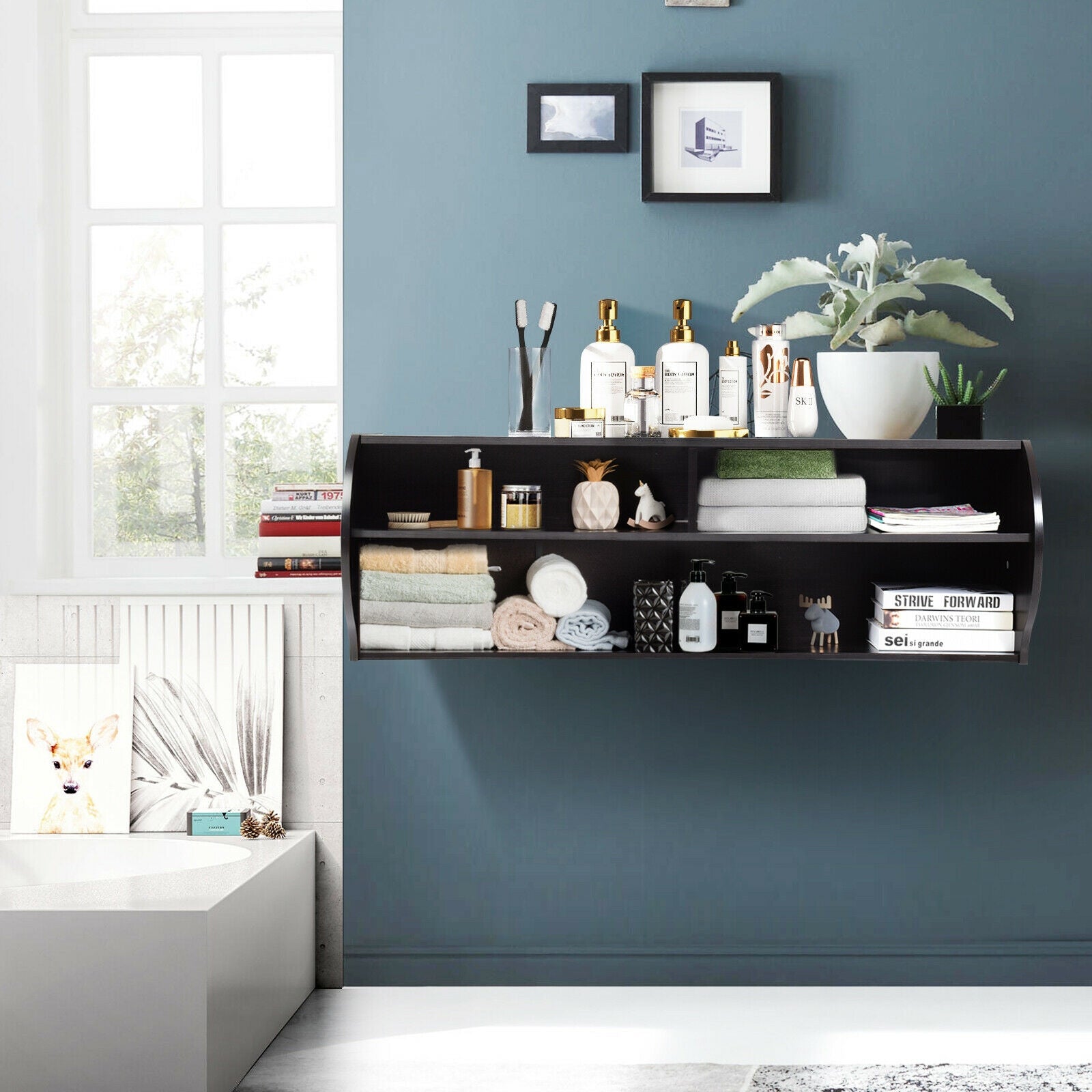 48.5 Inch 2 Tier Modern Wall Mounted Hanging Floating Shelf-BrownÂ