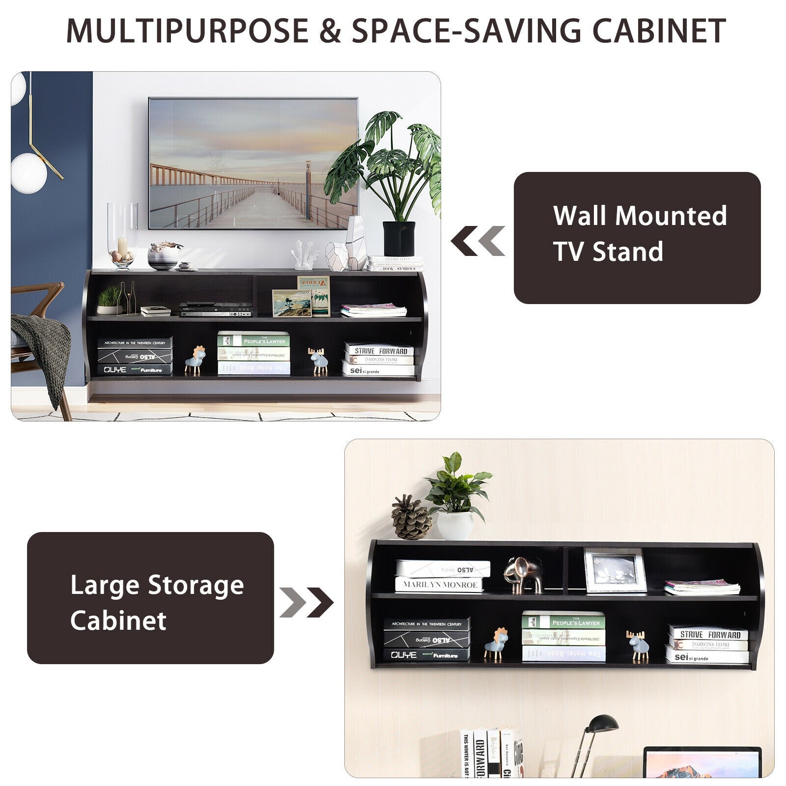 48.5 Inch 2 Tier Modern Wall Mounted Hanging Floating Shelf-BrownÂ