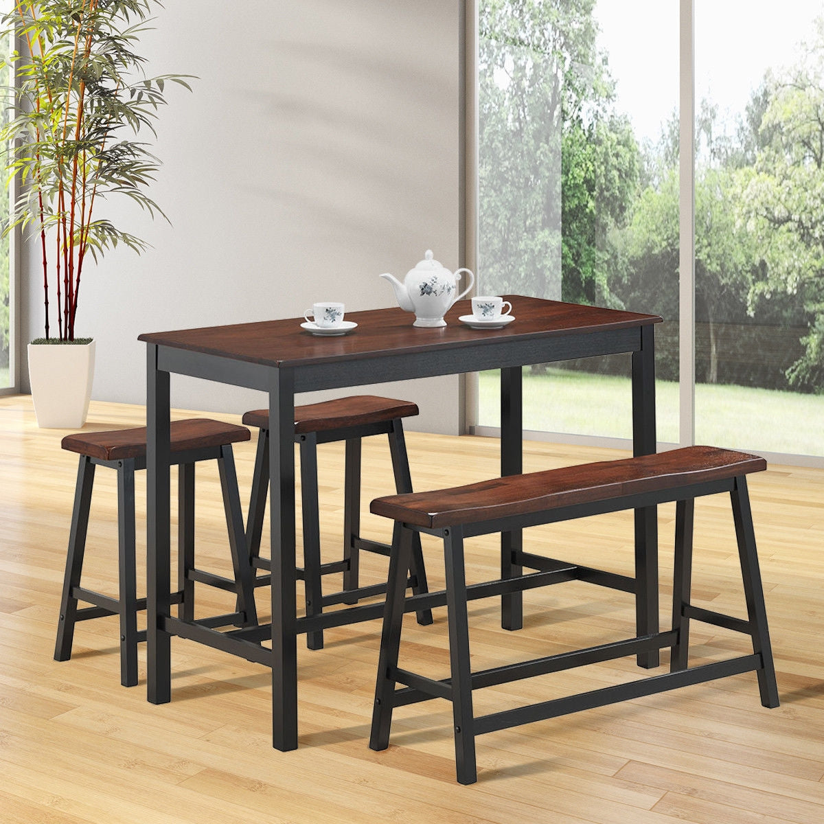 4 pcs Solid Wood Counter Height Dining Table Set-CoffeeÂ