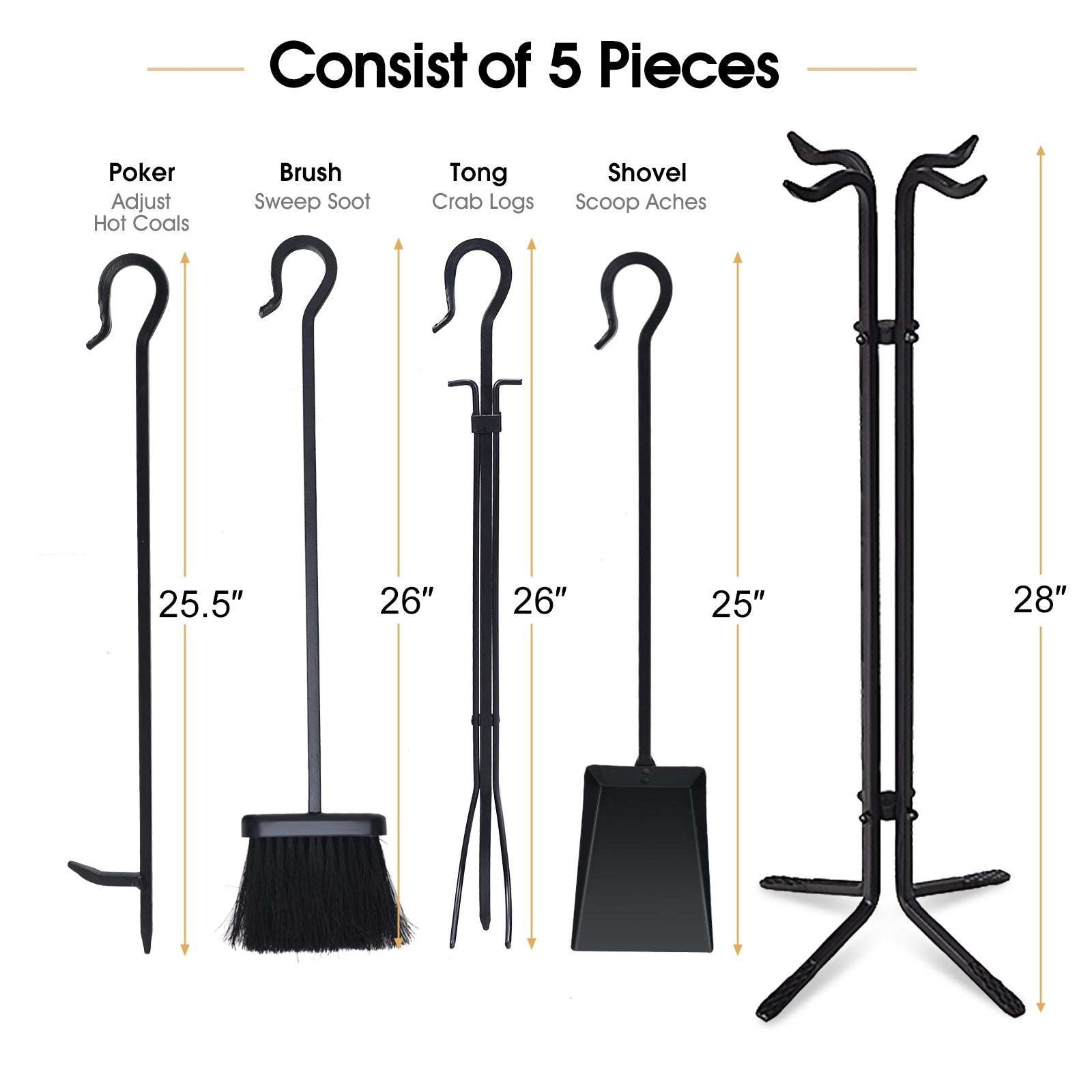 5 Pieces Fireplace Iron Standing Tools SetÂ